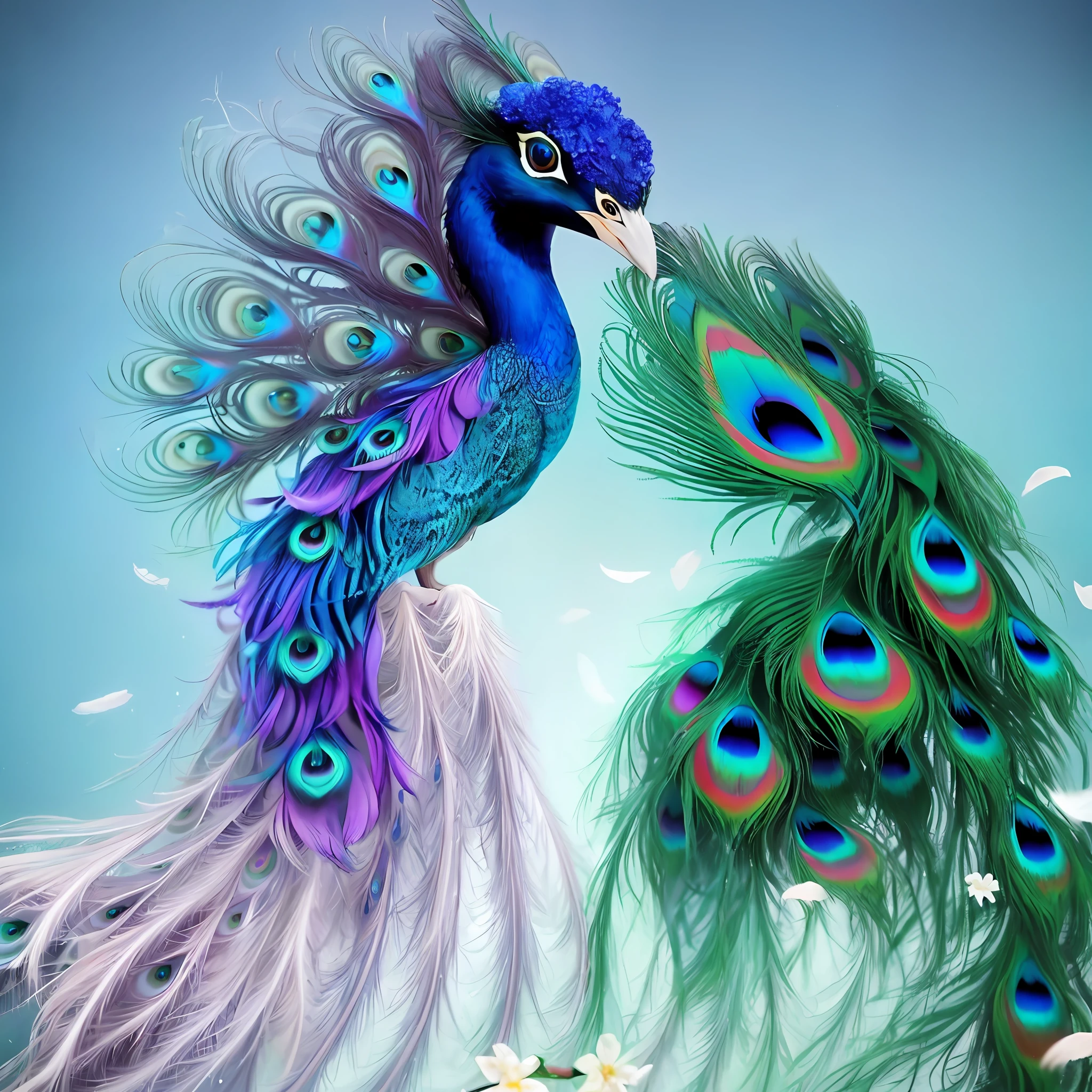 A peacock standing on a tree, with flowers of various colors blooming next to it. CGI art, super realistic peacock, (long tail), (feathers composed of flowers), peacock screen opening, pinterest, realistic art style, (surreal style), colorful, artificial intelligence generated images, very detailed portraits, singing for you, amazing rendering