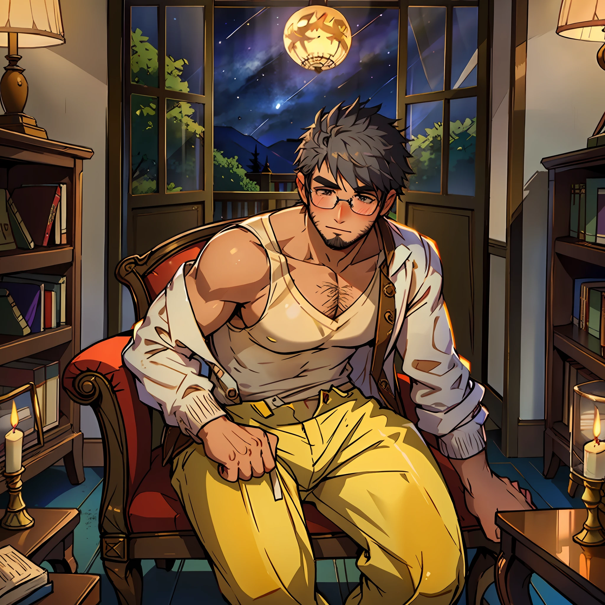 Character: solo male, 1 male, tall height, salt-and-pepper hair, stubble facial hair, college-age adult around 25-years old, normal physique, blushing, shy expression, correct human anatomy. Anatomically correct body. Character clothing: clear underframe glasses, white sleeveless undershirt, black off-shoulder thin cardigan, gray jeans, white socks, white sneakers. Background: dark library, nighttime, night, soft candle light, surrounded by books, dusty, eerie, spooky, darkwood, antique. Sitting down position, antique chair. High res. Top quality. High quality illustration. Masterpiece. 8k.
