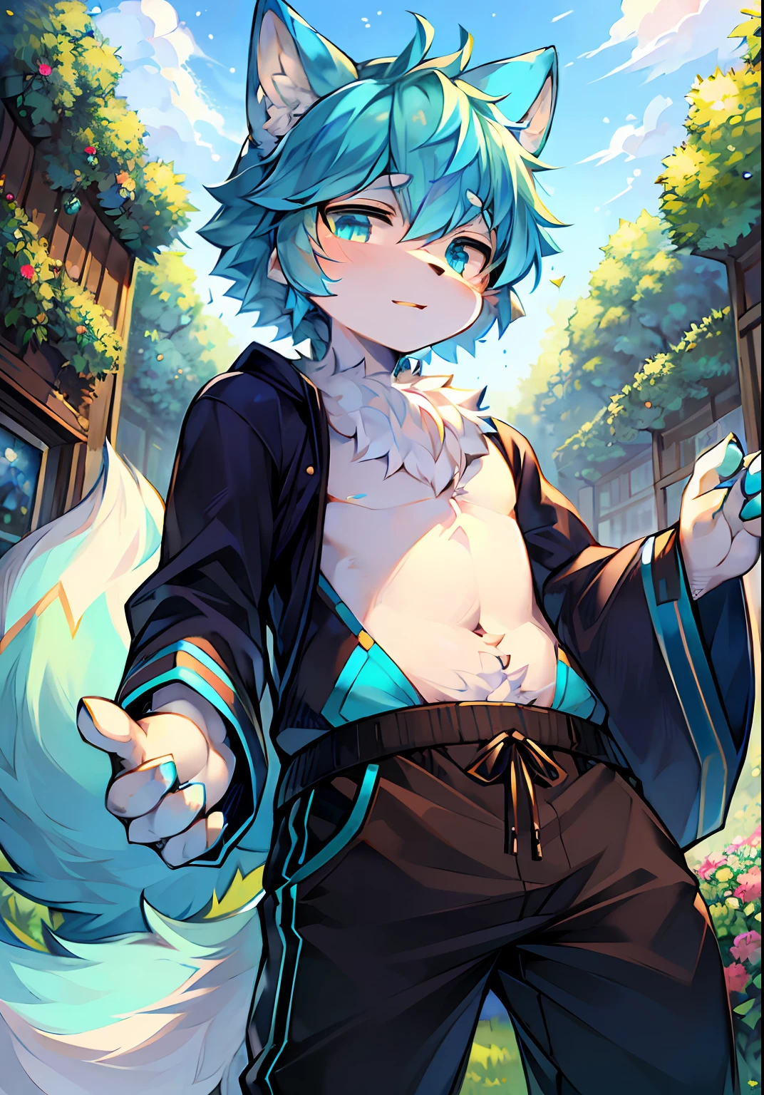 spheres,trpical garden,short detailed hair,whaite hair,starrysky,Blue fur everywhere,Wolf ears,Wolf type,Big fluffy tail,tmasterpiece,High-quality portraits,shaggy, shaggy male, malefocus, eyes with brightness, in a panoramic view, Character focus,black sweatpants,male people,cyan eyes