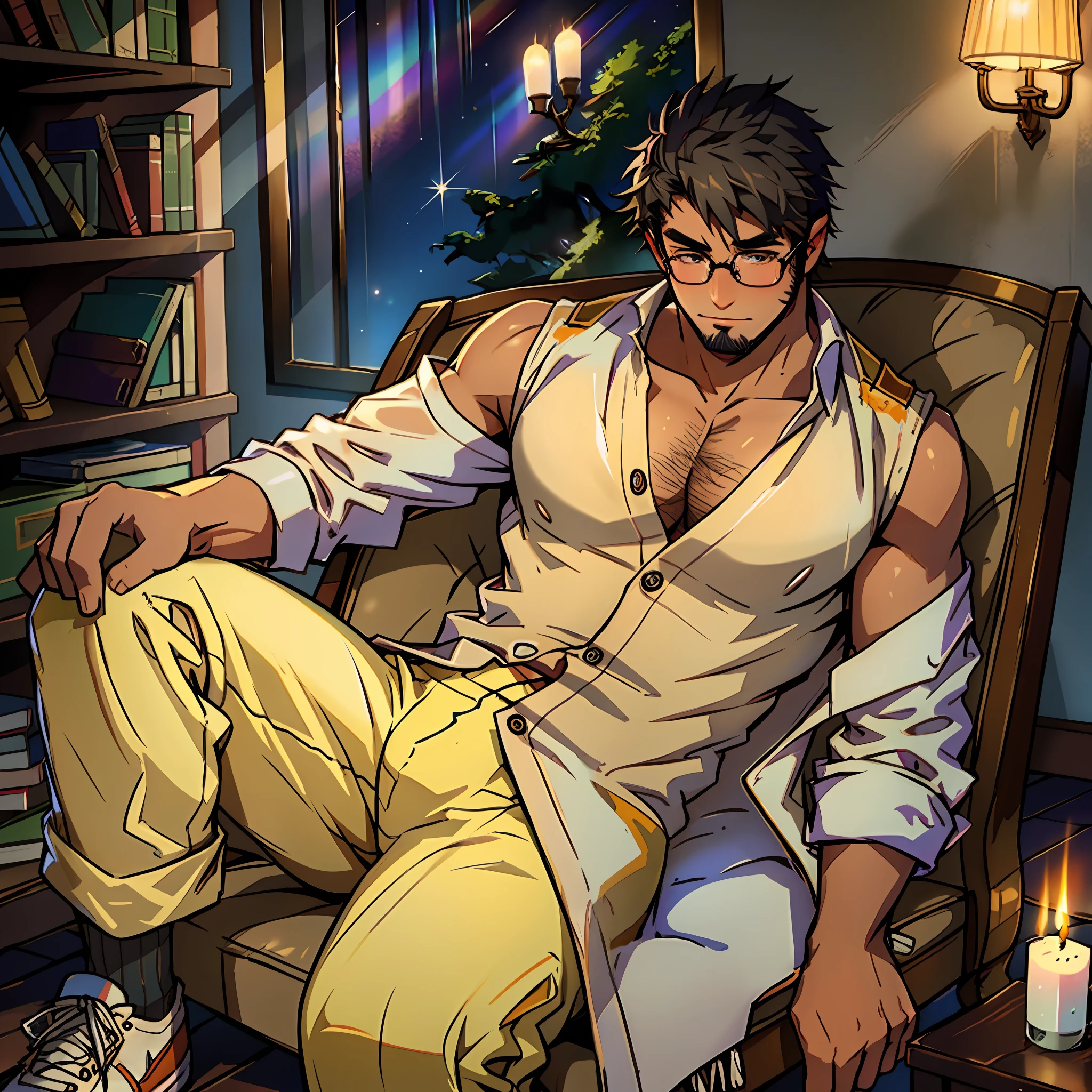 Character: solo male, 1 male, tall height, salt-and-pepper hair, stubble facial hair, college-age adult around 25-years old, normal physique, blushing, shy expression, correct human anatomy. Anatomically correct body. Character clothing: clear underframe glasses, white sleeveless undershirt, black off-shoulder thin cardigan, gray jeans, white socks, white sneakers. Background: dark library, nighttime, night, soft candle light, surrounded by books, dusty, eerie, spooky, darkwood, antique. Sitting down position, antique chair. High res. Top quality. High quality illustration. Masterpiece. 8k.