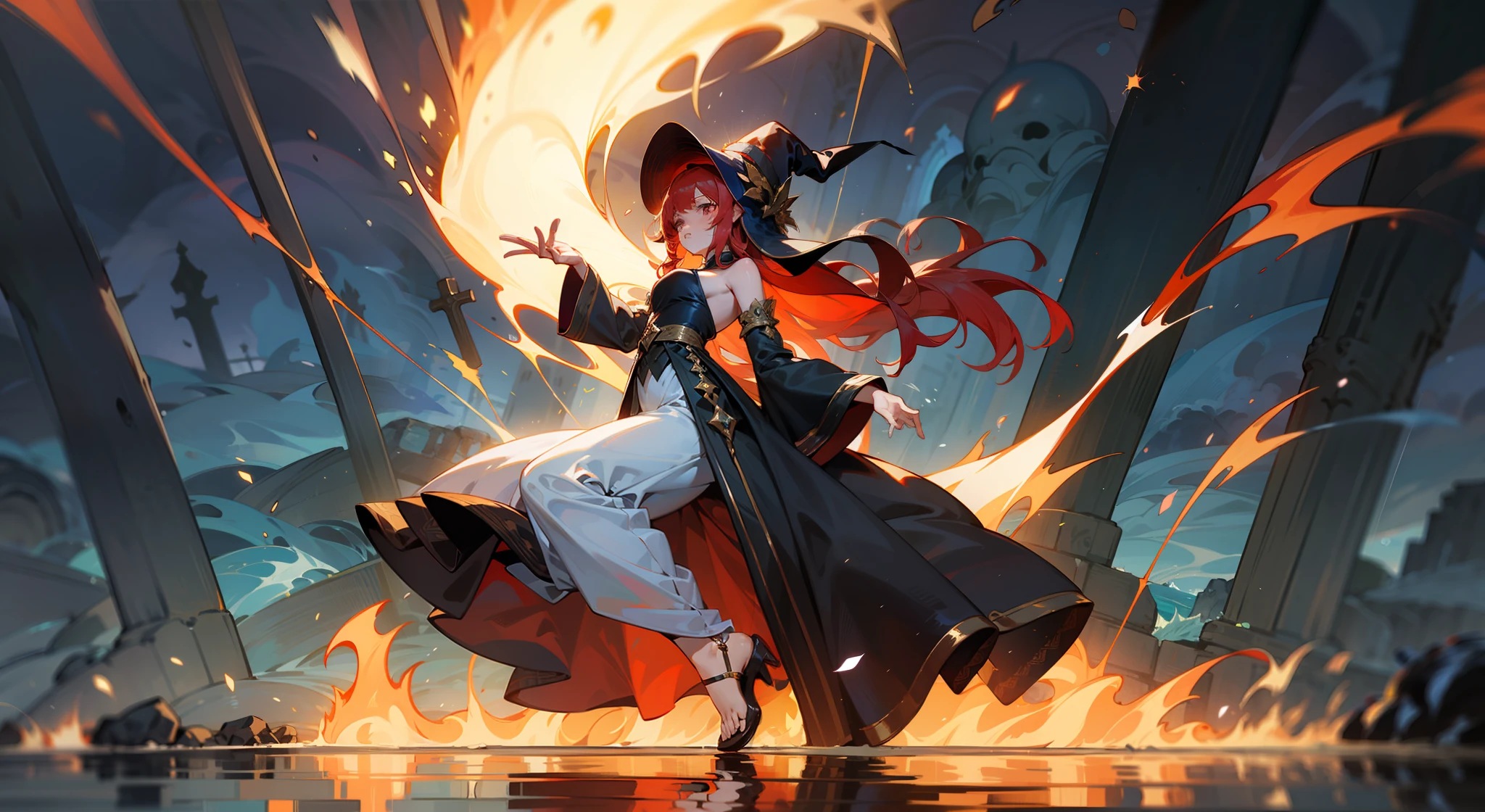 European tradition，German，sorceress woman，unholy，Mana is powerful，a sea of fire，European people，femele，Red long-haired，Leaky shoulders，Wear a pointed hat on the head，Wearing a long dress，There is a phantom of a god behind him