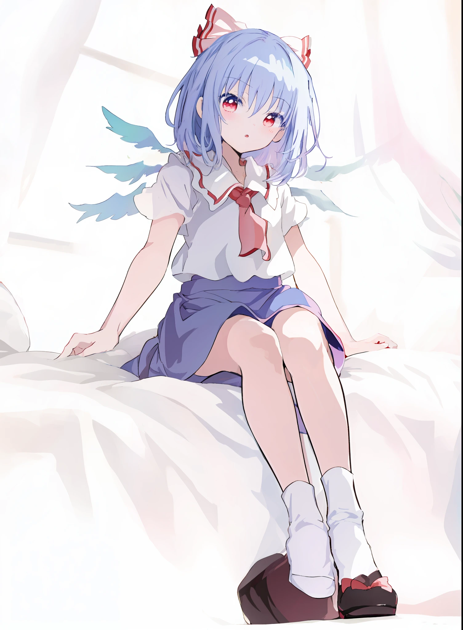 Anime girl sitting on bed，There was a red blanket, Splash art anime Loli, anime visual of a cute girl, from touhou, magical girl anime mahou shojo, touhou project, Touhou, small curvaceous loli, anime girl in a maid costume, touhou character, touhou project official artwork, An anime cover, Anime moe art style