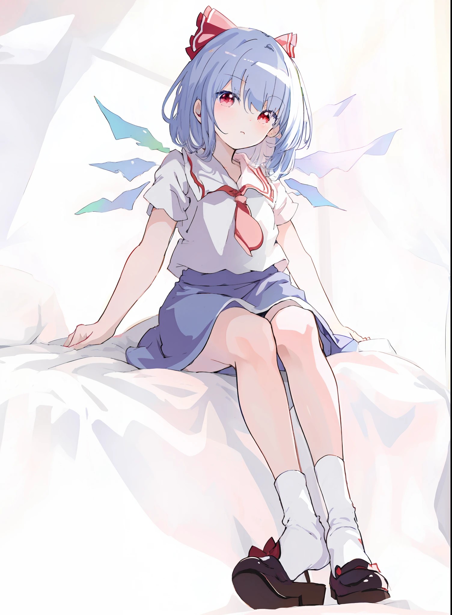 Anime girl sitting on bed，There was a red blanket, Splash art anime ****, anime visual of a cute girl, from touhou, magical girl anime mahou shojo, touhou project, Touhou, small curvaceous ****, anime girl in a maid costume, touhou character, touhou project official artwork, An anime cover, Anime moe art style