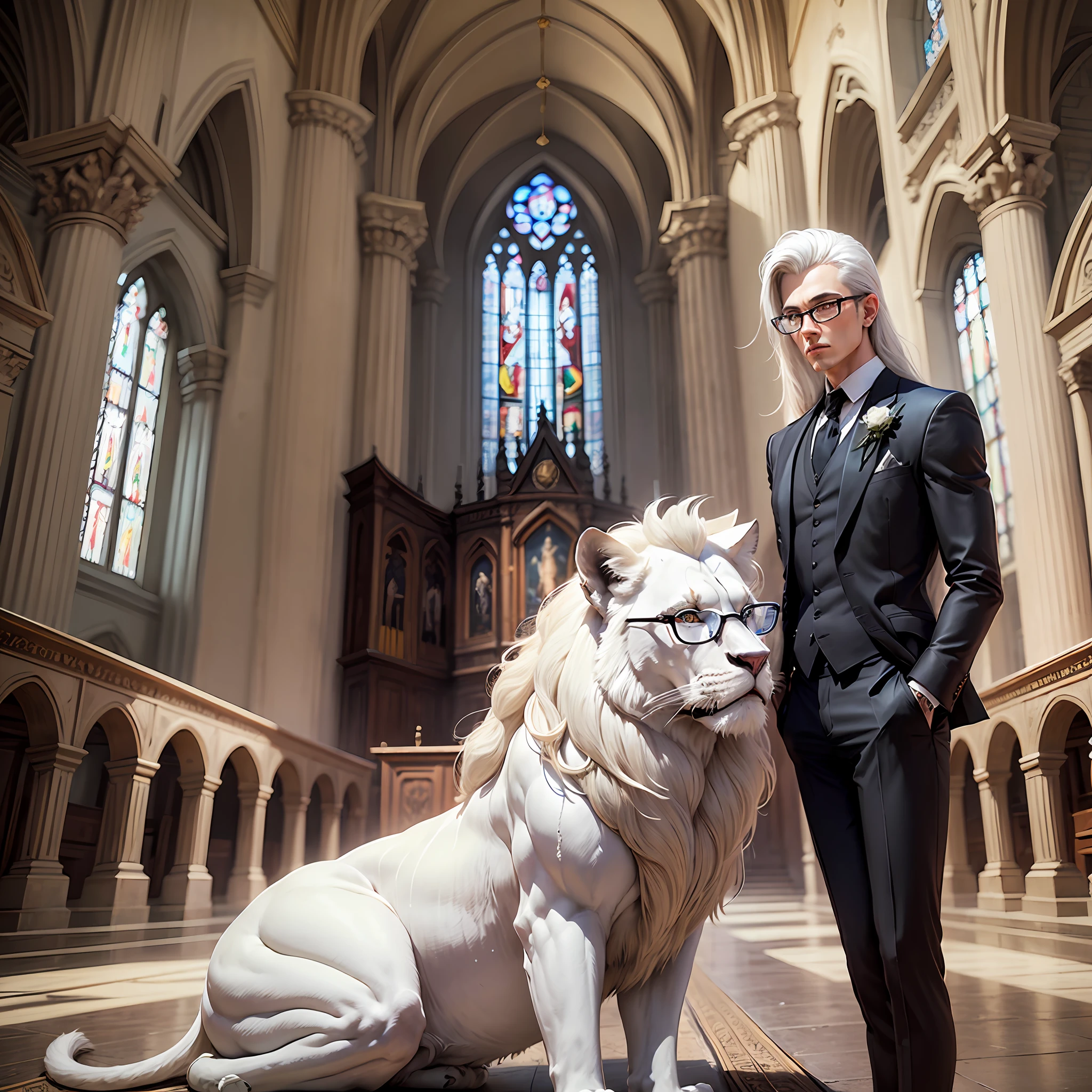 A white lion mafia wearing glasses and a suit in a Gothic church,32k --auto --s2