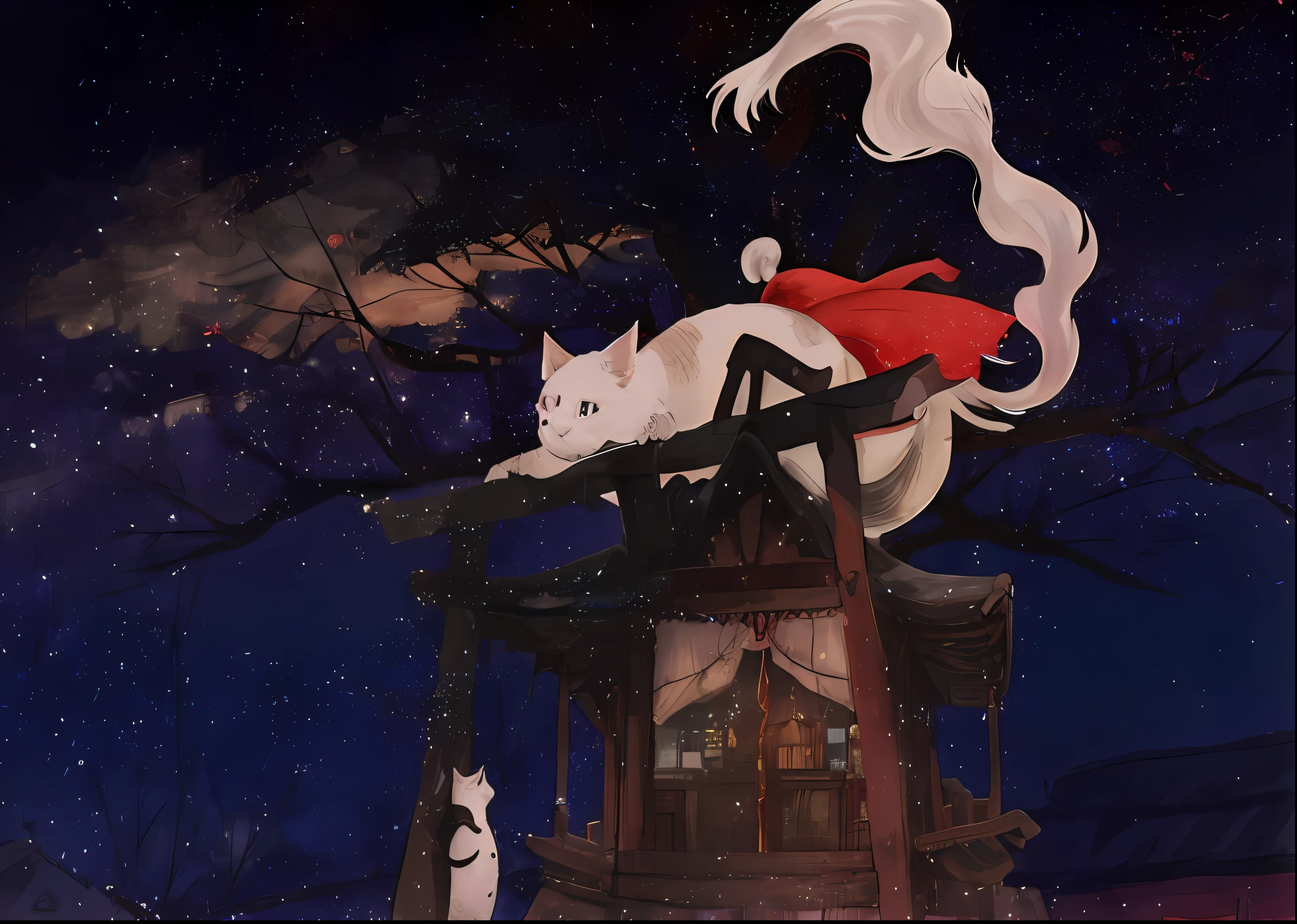 Anime scene of a woman and a cat on the roof，There are tall trees and a night sky，Cats are white，The tail is long，Wavy swing，There is red eye shadow。The woman wears a red cape。There is a small wooden house，There are stars in the night sky，And a little cloud。The night sky is blue