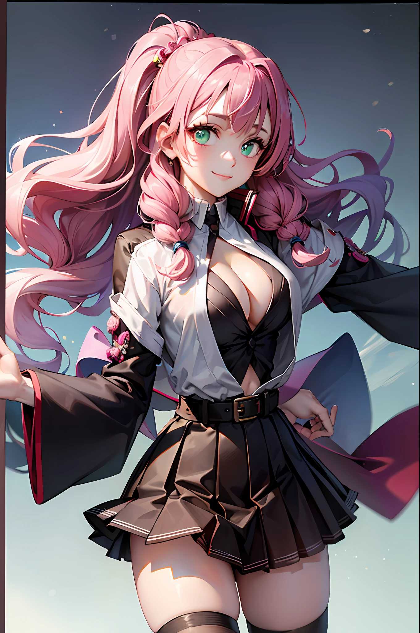 Mitsuri Kanroji, ultra detailed, solo, demon slayer uniform, smile, long sleeves, looking at viewer, japanese clothes, breasts, haori, cleavage, closed mouth, jacket, large breasts, open clothes, skirt, belt, black skirt, pleated skirt, thighhighs, green thighhighs, volumetric lighting, best quality, masterpiece, intricate details, sharp focus, hyper detailed, pink hair with greeb bottom hair, pink hair, greeb bottom hair, highest quality, high resolution.