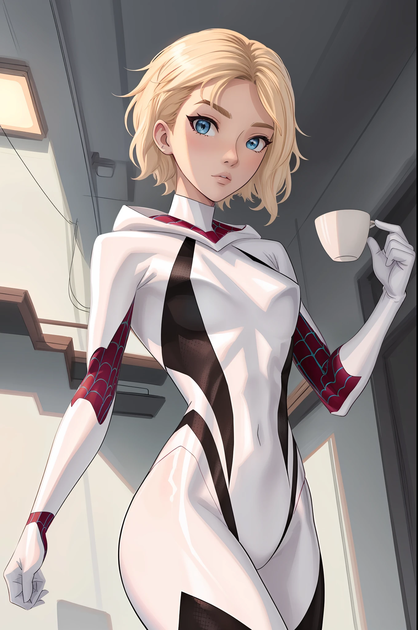 (tmasterpiece,best qualityer),intricately details,
1boys,Gwen Stacy,spider gwen suit,tightsuit,super heroes,blond hairbl,blue hair,short detailed hair,Animate,Eyebrow Piercings