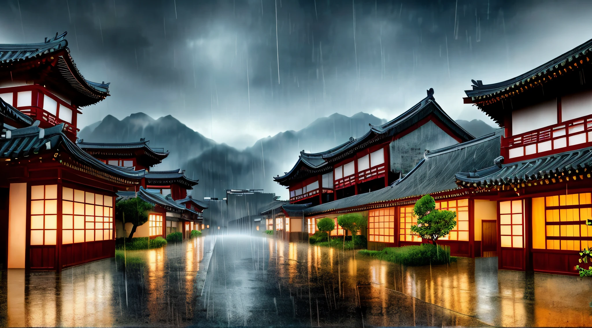 arafed view of a village with a lot of lights on the buildings, dreamy chinese town, chinese village, amazing wallpaper, japanese town, japanese village, hyper realistic photo of a town, old asian village, japanese city, by Raymond Han, rainy evening, cyberpunk chinese ancient castle, beautifully lit buildings, at evening during rain, beautiful and aesthetic, photography, cinematic, 8k, high detailed ((Heavy rain)))