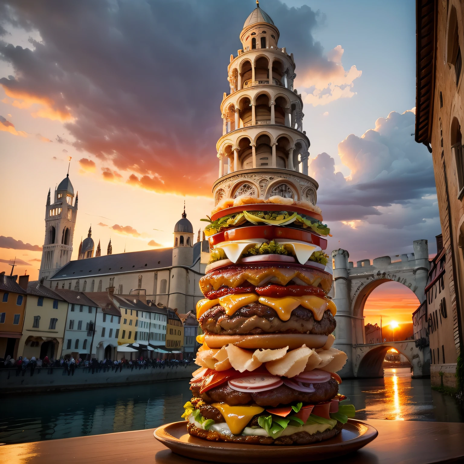 "A tower of hamburgers, with sauces, tilted like the Leaning Tower of Pisa. In the background, arches and ancient houses. Cloudy sky at sunset." --auto