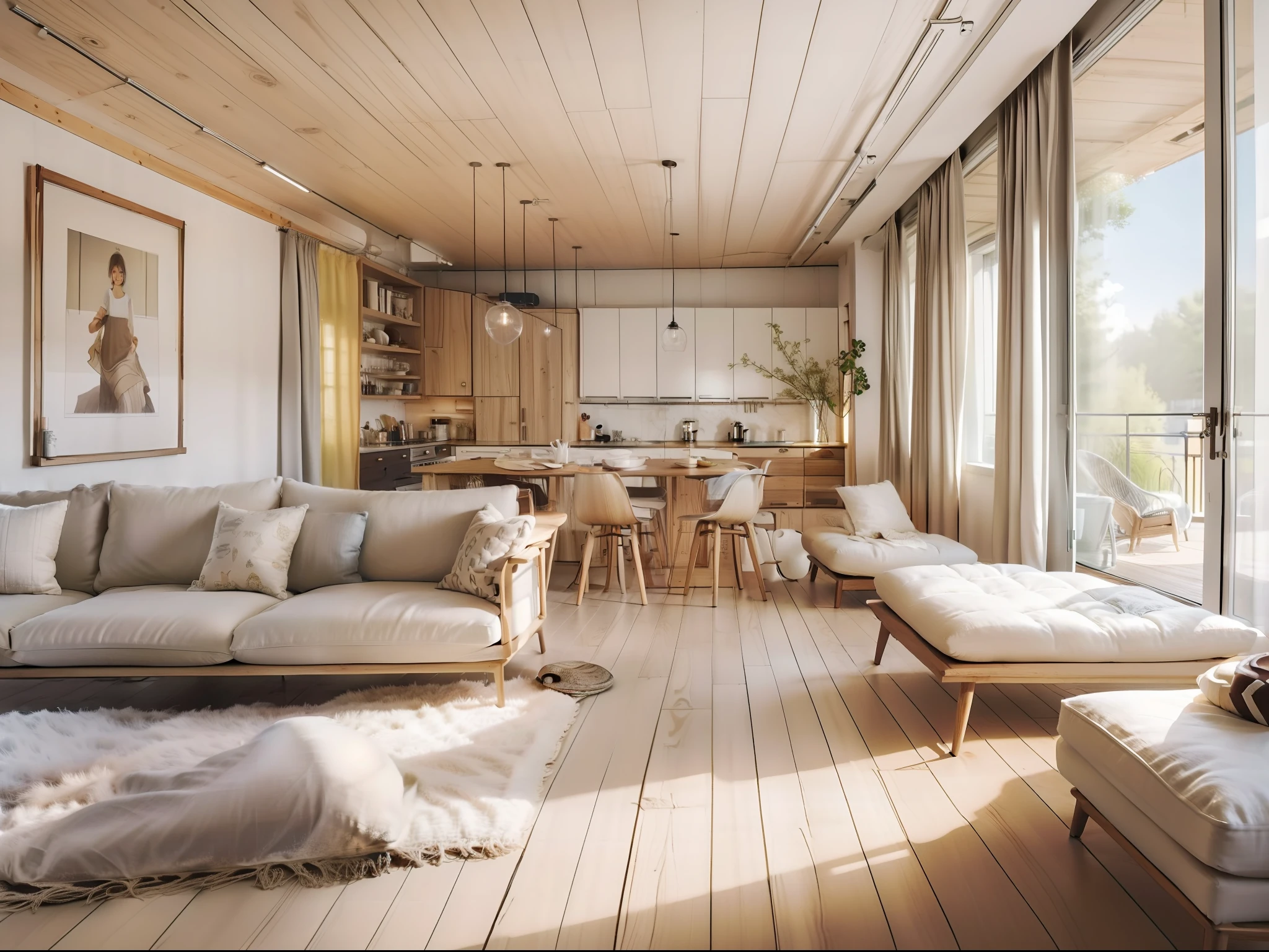 a sketch of a beautiful modern living room, (((foster and partners, artists impression, artistic impression, by Hamish MacDonald, by Carey Morris, by David Brewster, higher detailed illustration, by Helen Berman, an illustration, detailed illustration, by Nick Fudge, by Warren Mahy, artist's impression))), a kitchen cabinet behind the white sofa, with minimal pictures on the wall, linen curtain next to the classroom window, coffee table, modern wood, ceiling with magnetic emissive lighting, white fabric PRB textures, wooden floor PRB texture,