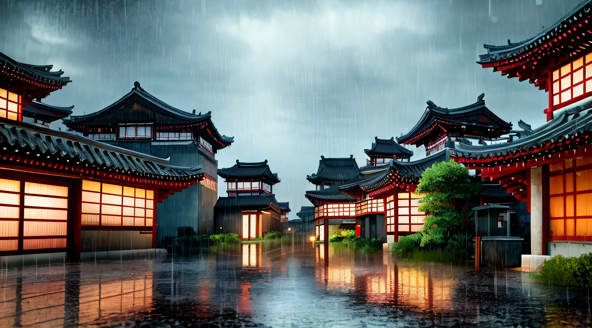 arafed view of a village with a lot of lights on the buildings, dreamy chinese town, chinese village, amazing wallpaper, japanese town, japanese village, hyper realistic photo of a town, old asian village, japanese city, by Raymond Han, rainy evening, cyberpunk chinese ancient castle, beautifully lit buildings, at evening during rain, beautiful and aesthetic, photography, cinematic, 8k, high detailed ((Heavy rain)))