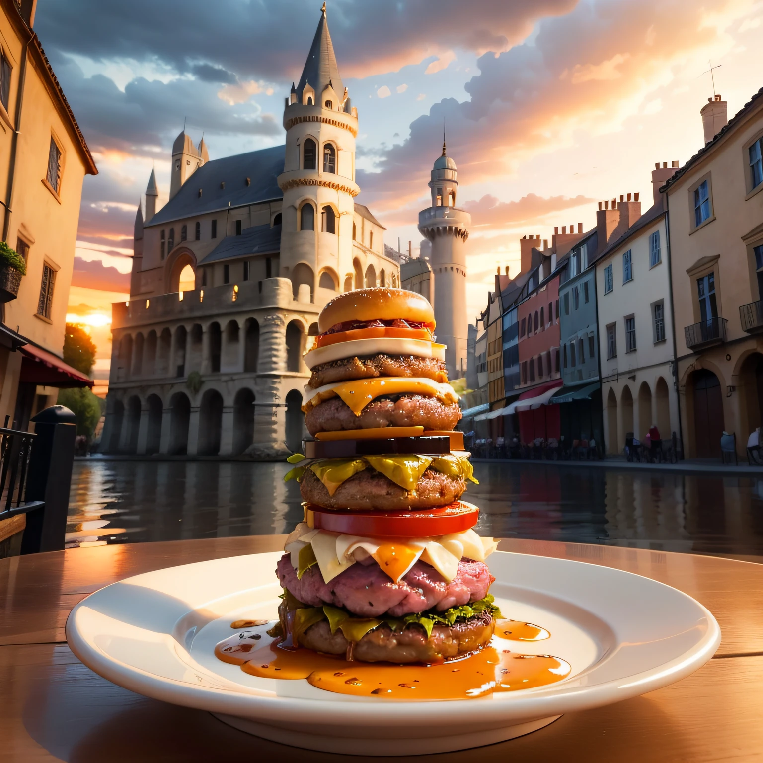"A tower of hamburgers, with sauces, tilted like the Leaning Tower of Pisa. In the background, arches and ancient houses. Cloudy sky at sunset." --auto