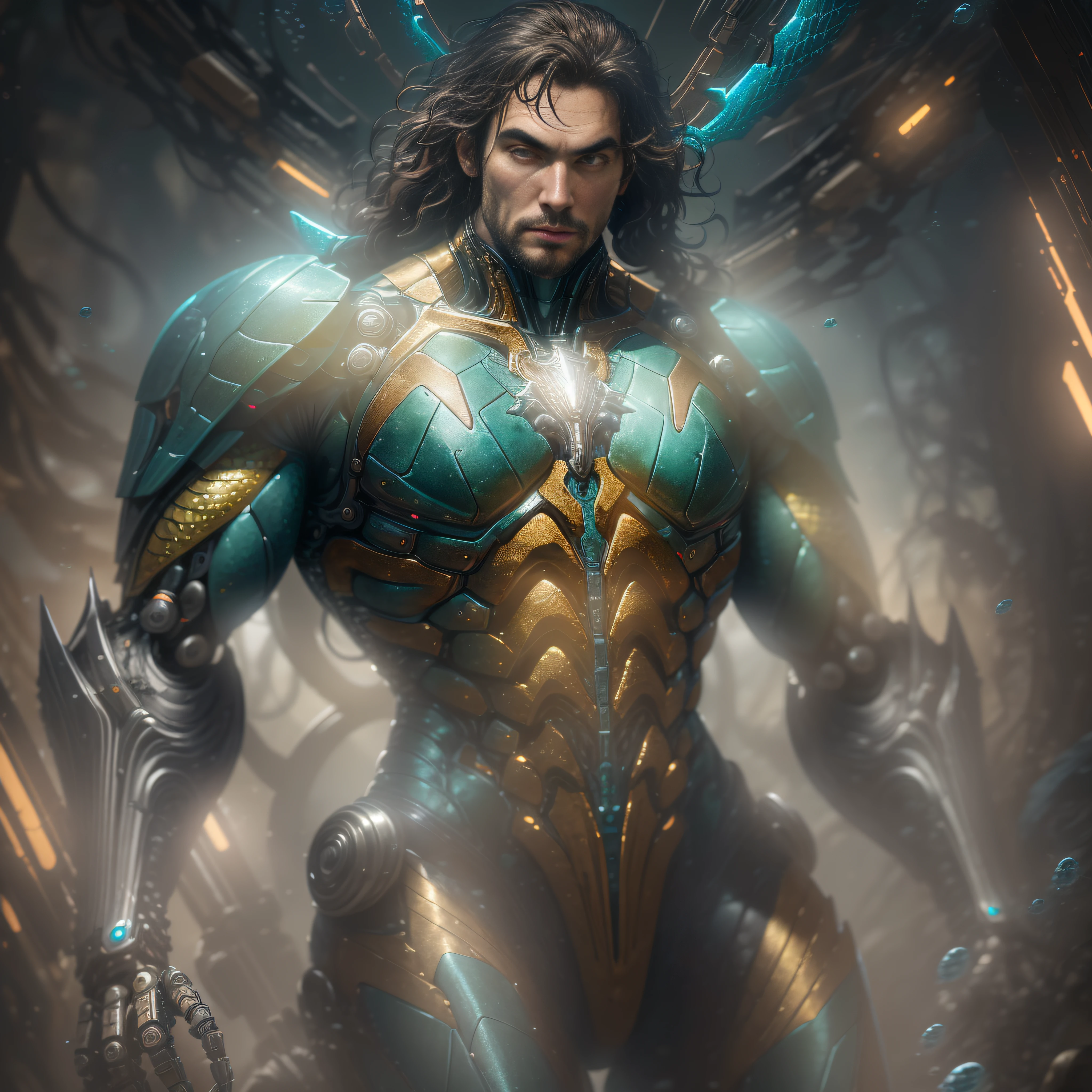 "Hyperrealistic rendering of Aquaman underwater, showcasing his biomechanical suit with intricate robotic details. The composition should emphasize his full figure, with clean and precise lines. The overall visual style should incorporate a cyberpunk aesthetic, reminiscent of a masterpiece featured on Zbrush Central."