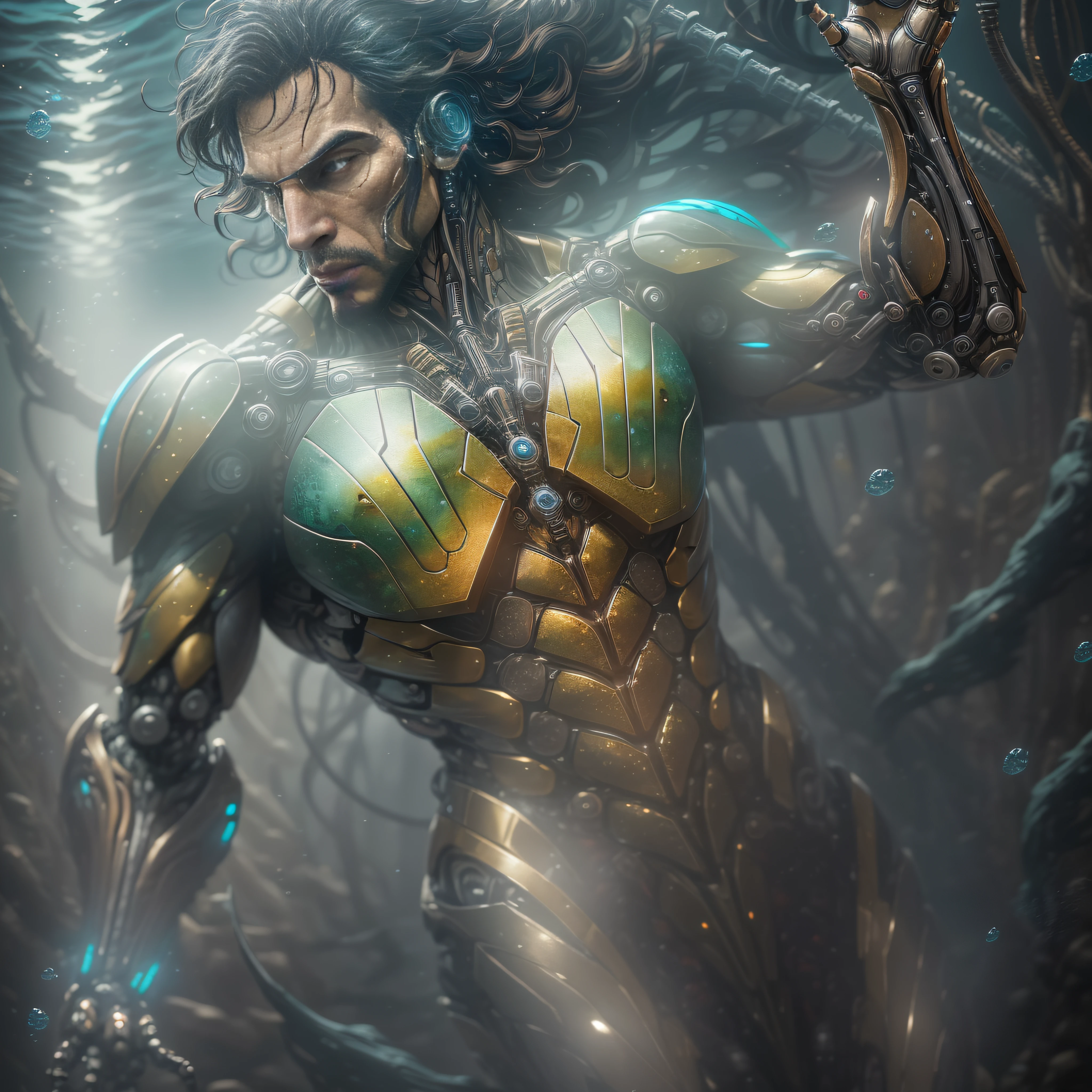 "Hyperrealistic rendering of Aquaman underwater, showcasing his biomechanical suit with intricate robotic details. The composition should emphasize his full figure, with clean and precise lines. The overall visual style should incorporate a cyberpunk aesthetic, reminiscent of a masterpiece featured on Zbrush Central."