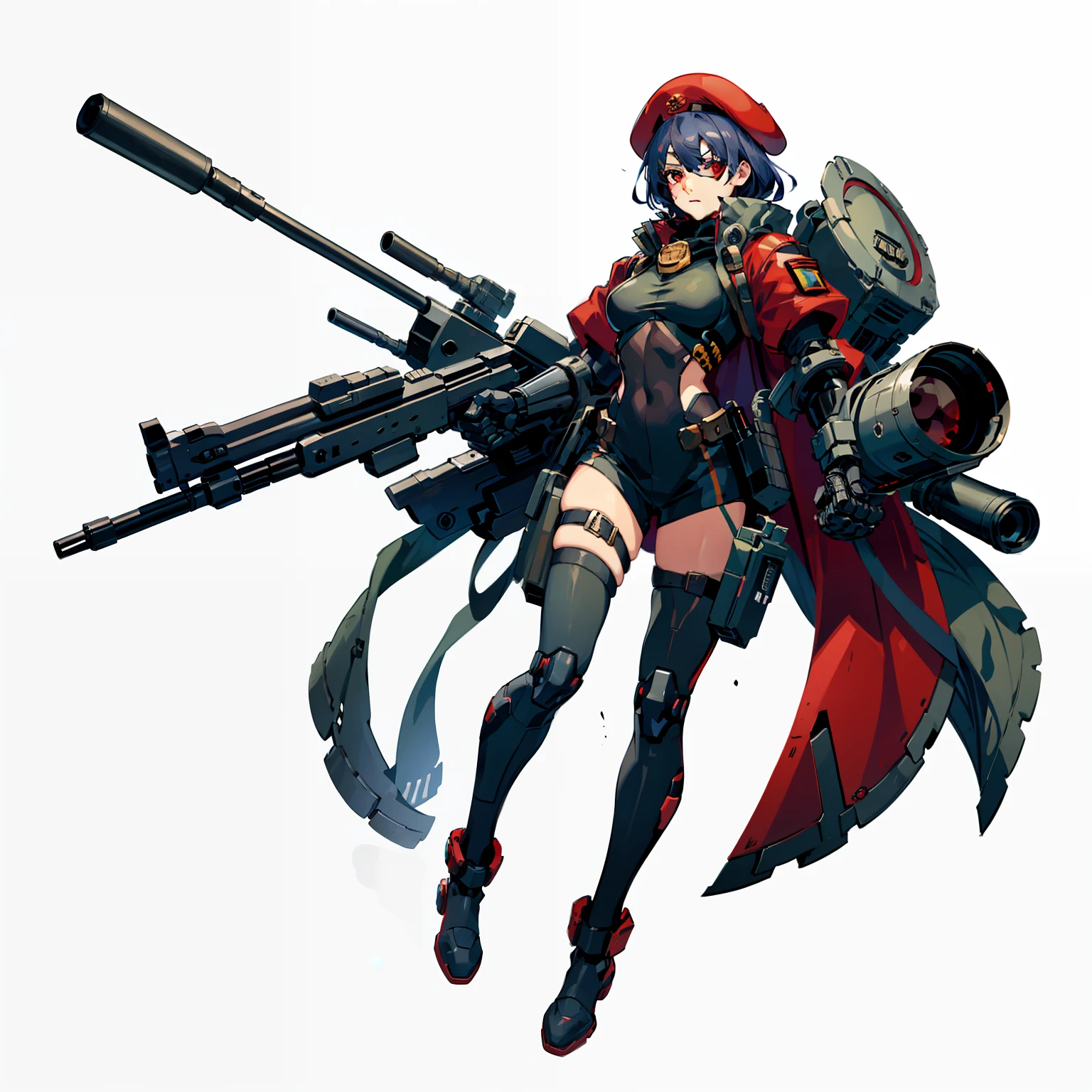 Biorobots, soldier, No background, White background, Full body shot, camouflage uniform, Red beret, an eye patch, big gun, Parts of the body are machines