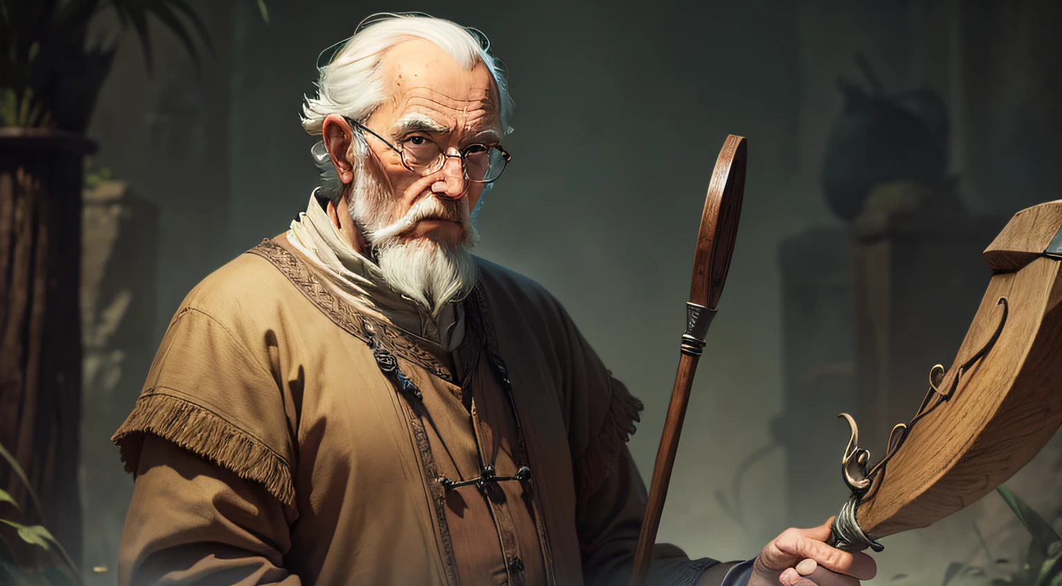 Image of an old man with a staff looking into the distance