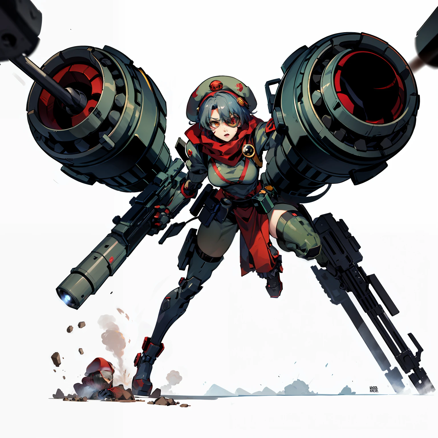 Biorobots, soldier, No background, White background, Full body shot, camouflage uniform, Red beret, an eye patch, big gun, Parts of the body are machines