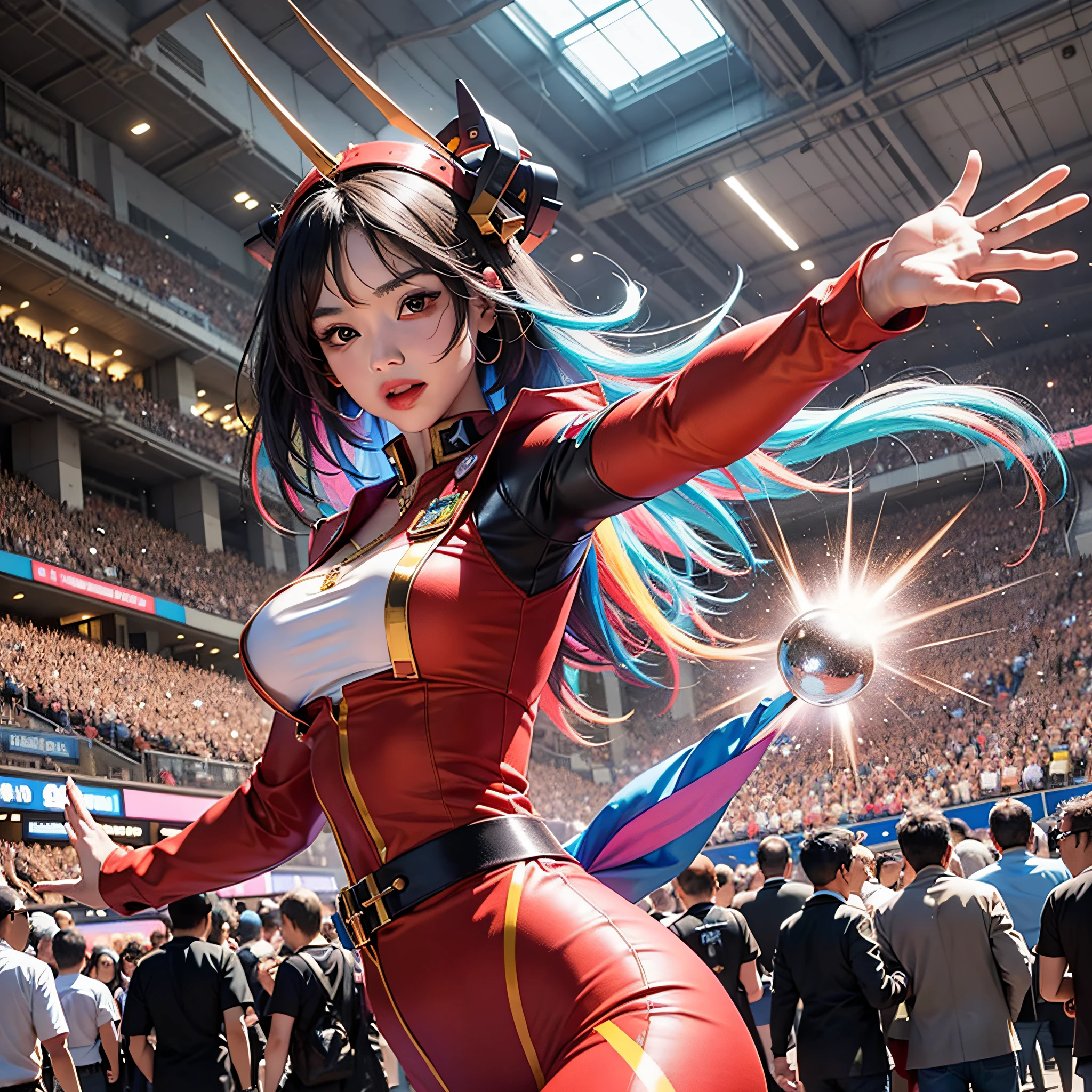 "Picture a woman confidently striding through a crowded convention hall, wearing a Gundam costume that shimmers with vibrant colors. Imagine the reactions and conversations sparked by her unique attire as she moves through the crowd."