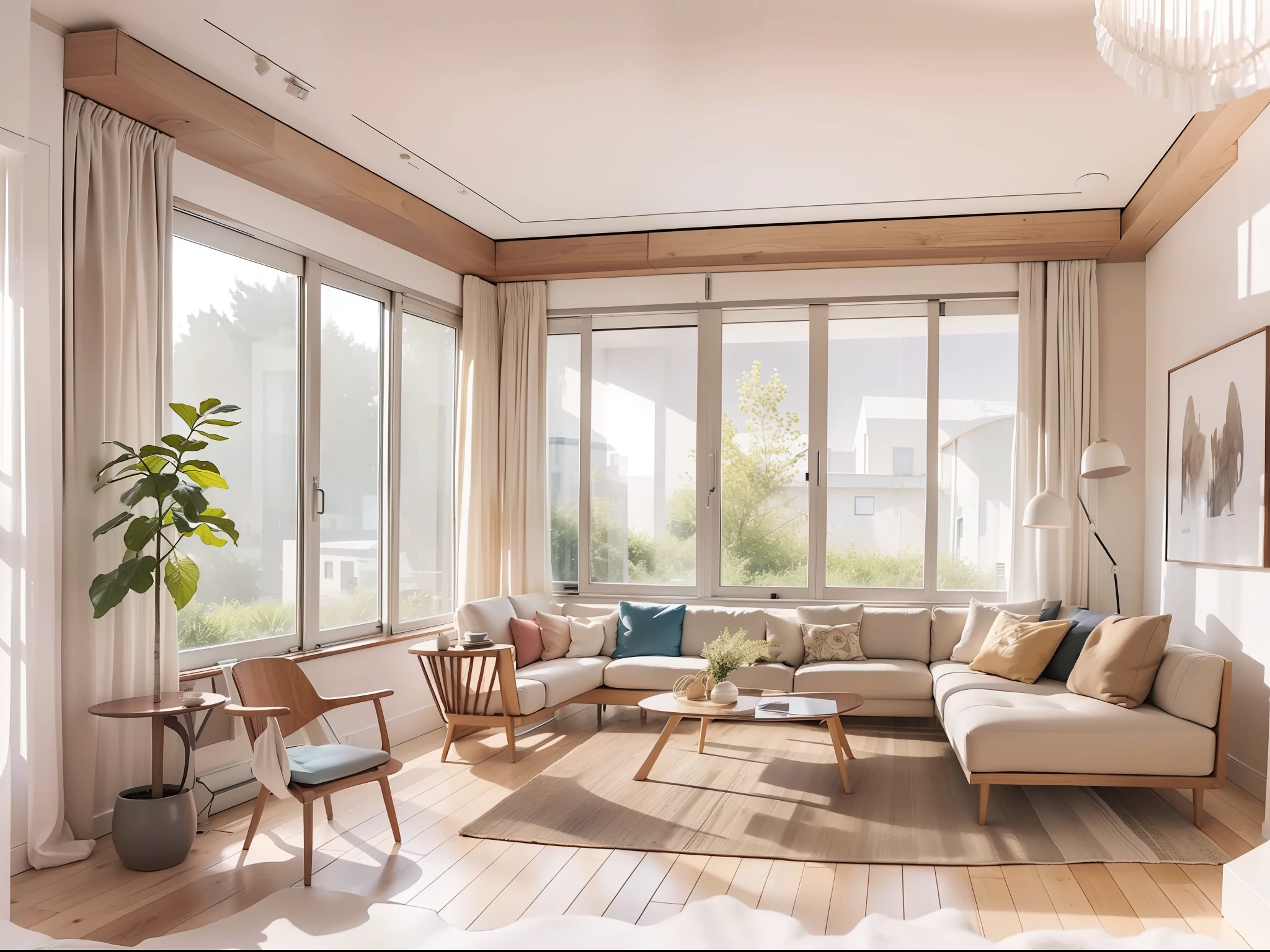 a sketch of a beautiful modern living room, (((foster and partners, artists impression, artistic impression, by Hamish MacDonald, by Carey Morris, by David Brewster, higher detailed illustration, by Helen Berman, an illustration, detailed illustration, by Nick Fudge, by Warren Mahy, artist's impression))), a kitchen cabinet behind the white sofa, with minimal pictures on the wall, linen curtain next to the classroom window, coffee table, modern wood, ceiling with magnetic emissive lighting, white fabric PRB textures, wooden floor PRB texture,
