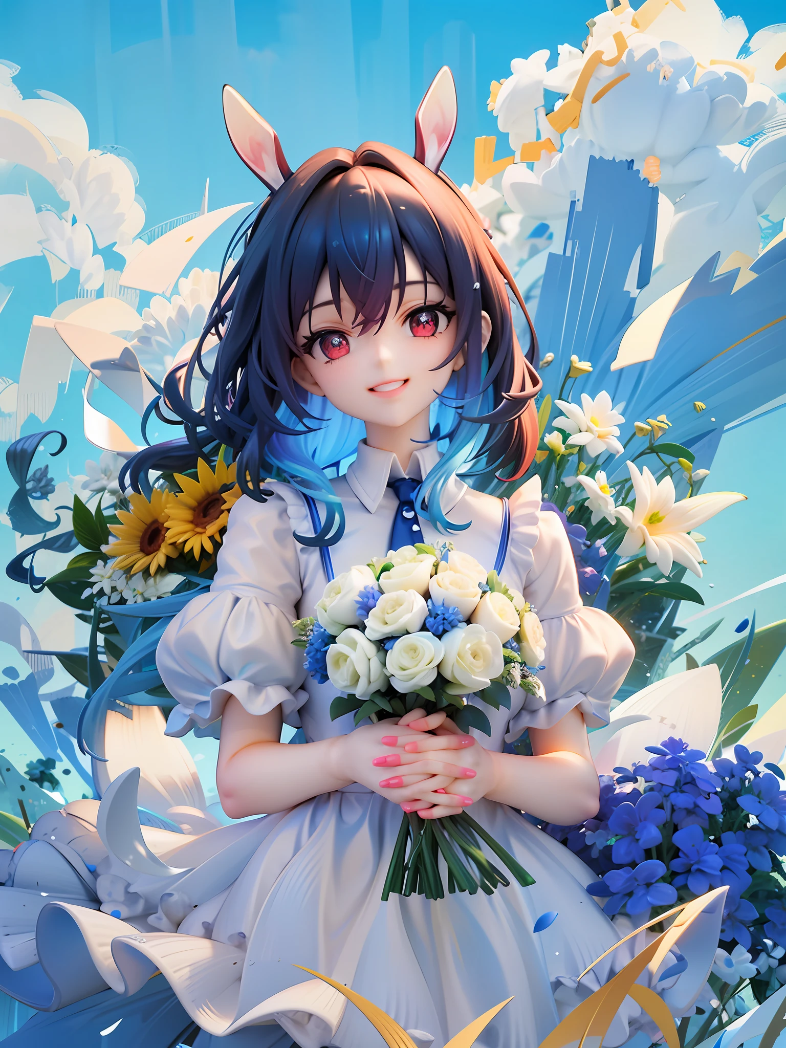 1girl in, Light blue hair, Wavy long hair, rabbit ears, Red Eyes, Beautiful eyes, ssmile, Happy, White Dress, bouquet, Holding with both hands, Upper body, on grassland, Blue sky