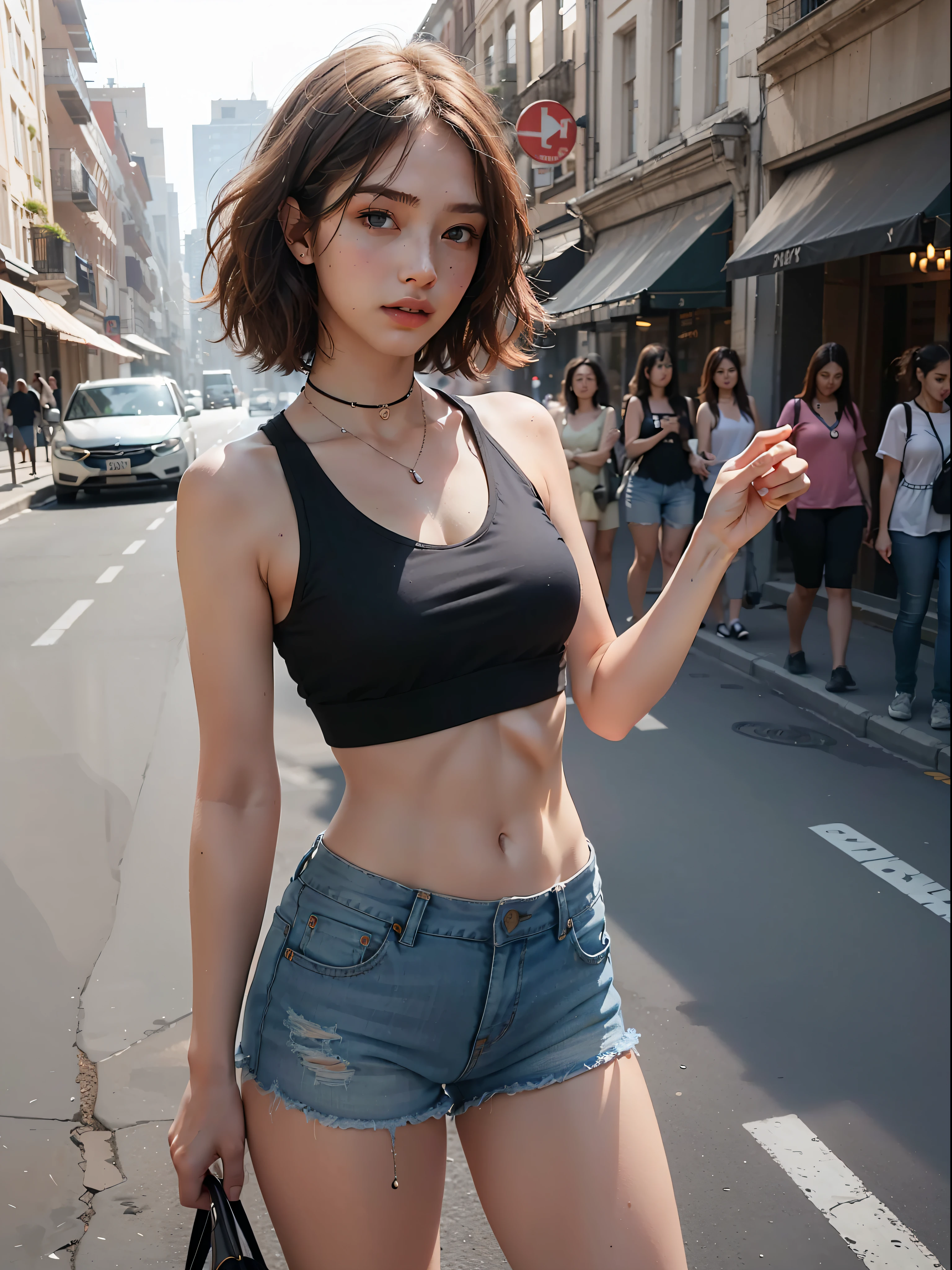 ((medium breast, tomboy girls, small head)), daylight, sunlight, (chiseled abs : 1.1), (perfect body : 1.1), (short wavy hair : 1.2) , auburn hair, collar, chain, full body shot, crowded street, wearing black tanktop, jeans jacket, ((shorts)), (extremely detailed CG 8k wallpaper), (an extremely delicate and beautiful), (masterpiece), (best quality:1.0), (ultra highres:1.0),  beautiful lighting ,perfect lightning, realistic shadows, [highres], detailed skin, ultra-detailed