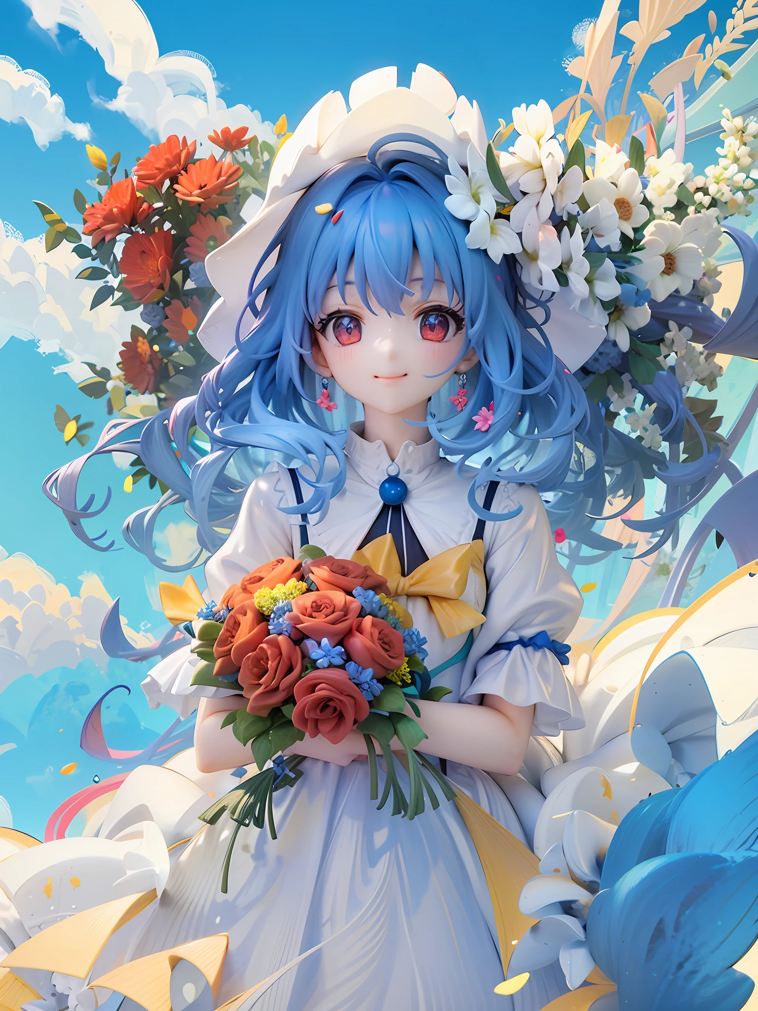 1girl in, Light blue hair, Wavy long hair, rabbitears, Red Eyes, Beautiful eyes, ssmile, Happy, White Dress, bouquet, Holding with both hands, Upper body, on grassland, Blue sky