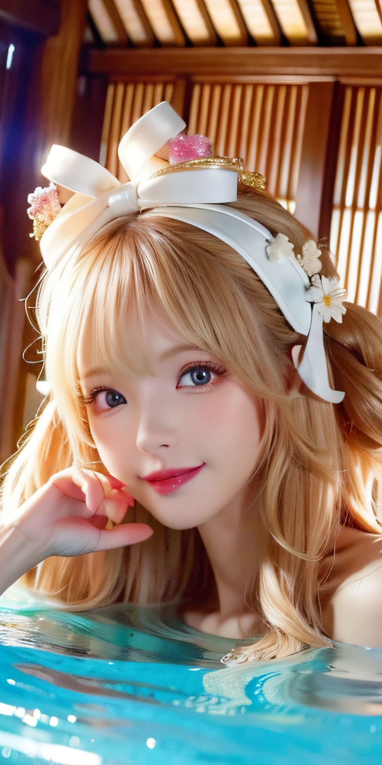 (8k, 4k, best quality, highres:1.2), (maasterpiece, realistic, photo realistic:1.37), 1girl, solo, beautiful face, eyelashes, nose, glossy lips, (detailed eyes, looking at viewer, fair skin, white skin:1.5), fine complexion, upper body,
large breasts, busty,,,
outdoor onsen,
two side up, absurdly long hair, blonde hair, pink hair, bangs, hair ornament, bow,
younger, aged down,