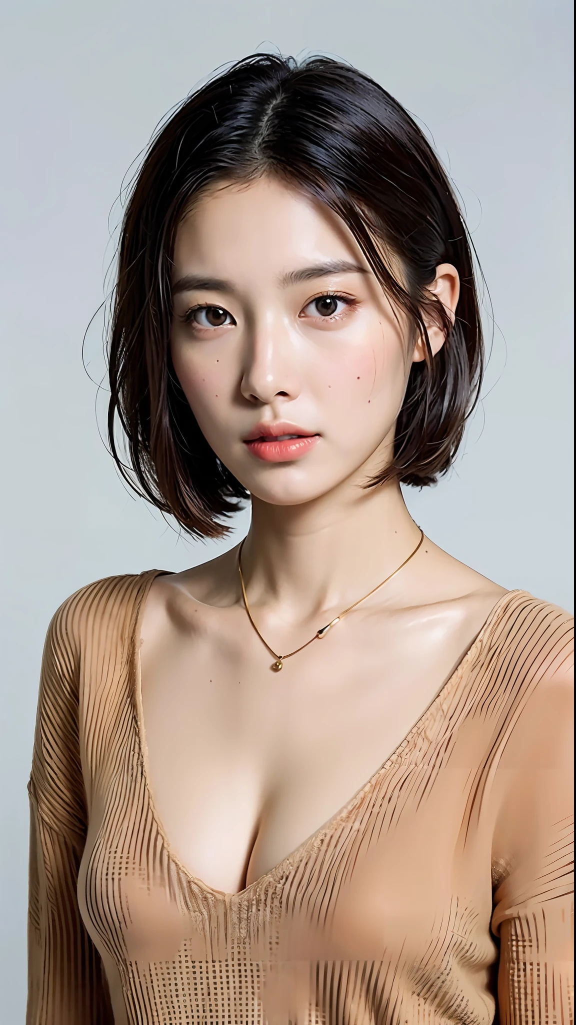 (Best quality, 8k, 32k, Masterpiece, UHD:1.2),Photo of Pretty Japanese woman, large breasts, very short bob hair,upper body,face focus,oversized_sweater, necklace, simple background, from above, looking at viewer,