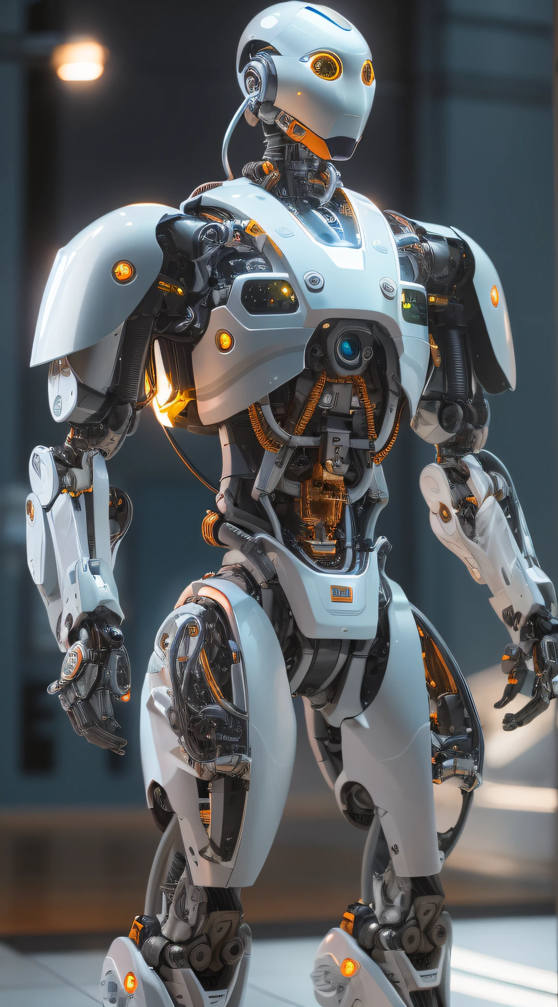Close up of robot standing on tiled floor, Futuristic robot body, futuristic robotic, mech robot futuristic, cybernetic and highly detailed, symetry! futuristic robotic, portrait of a futuristic robot, detailed humanoid, mech body, Highly detailed cybernetic subjects, mechanical robot body, robotic body, anime robotic mixed with organic, in white futuristic armor