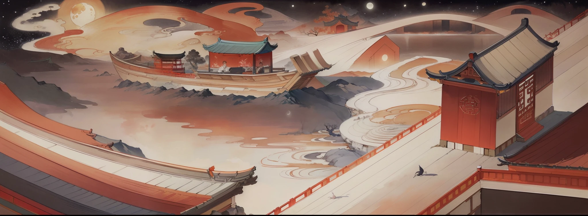 Ancient Chinese landscapes，Ancient buildings，Pavilions，Carved beams and paintings，enchanting scenery，Night，Moon light，Layered, Rich light and shadow,Mid-Autumn Festival, Ink painting style，clean color，Low-saturation colors，Colors of low brightness，Decisive cut，Leave white space，impressionistic，tmasterpiece，ultra - detailed，Epic composition,  HighestQuali，hyper realisitc，Art germ --v 6