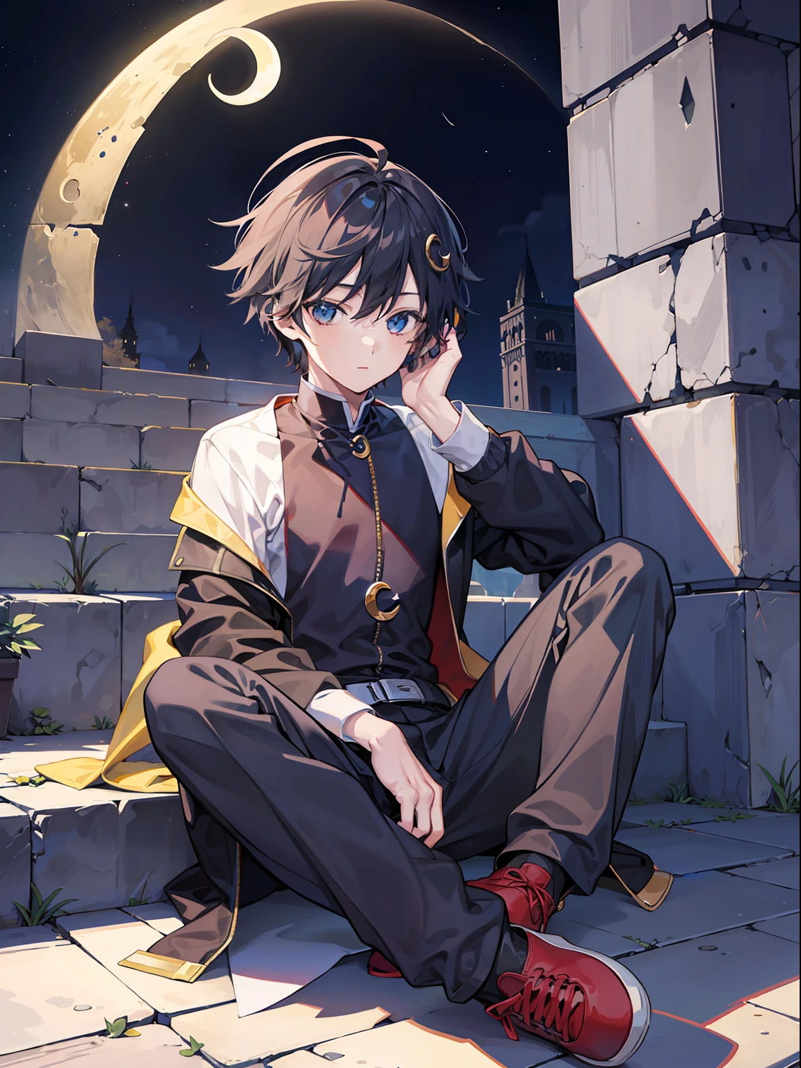One boy sitting on a crescent moon、hated、a cool、Dynamic、Best Anime
