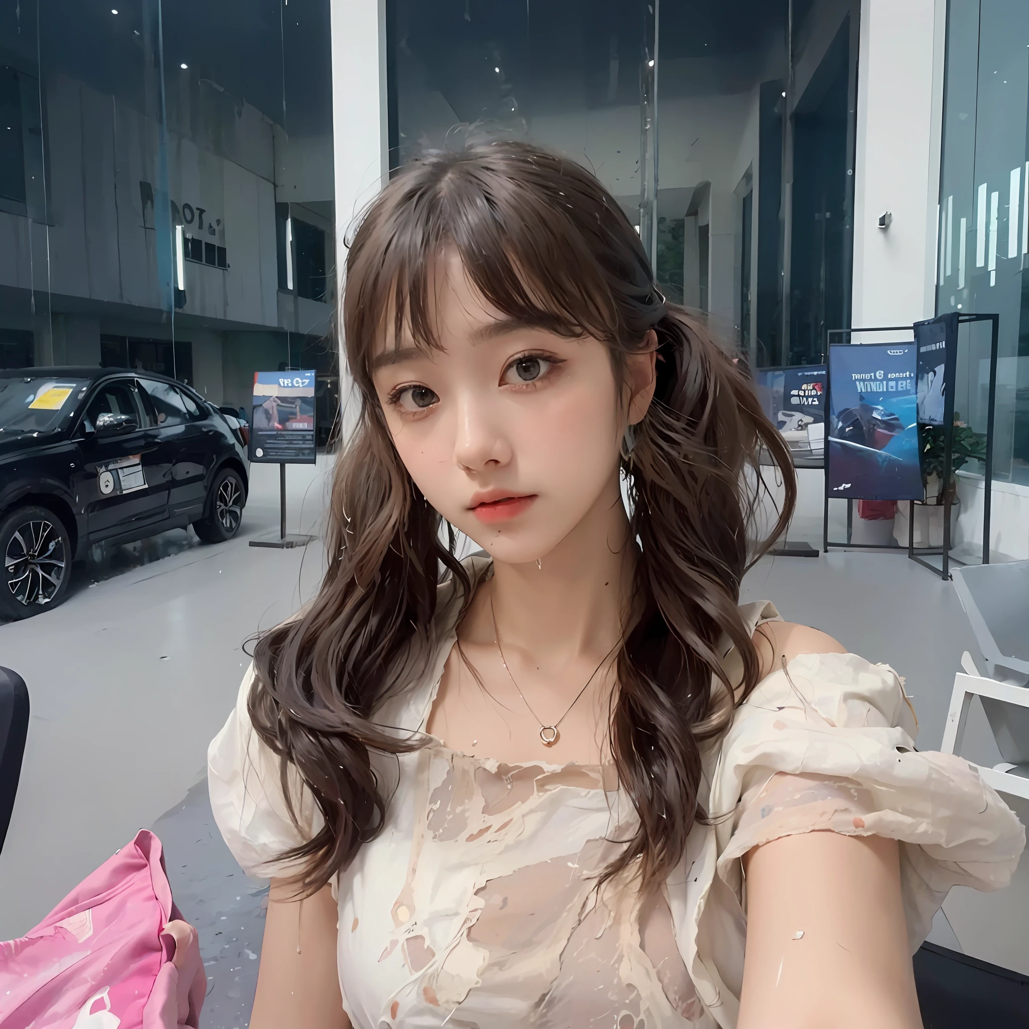 Best picture quality, masterpiece, ultra high resolution, (fidelity :1.4), photo, 1 girl,[(sadness)],white shirt, Dim, dark, desperate, pitying, pitiful, cinematic,tear,teardrop,(Torn clothes:1.5), (Wet clothes:1.4), bare shoulders,Real rain,wet hair,..