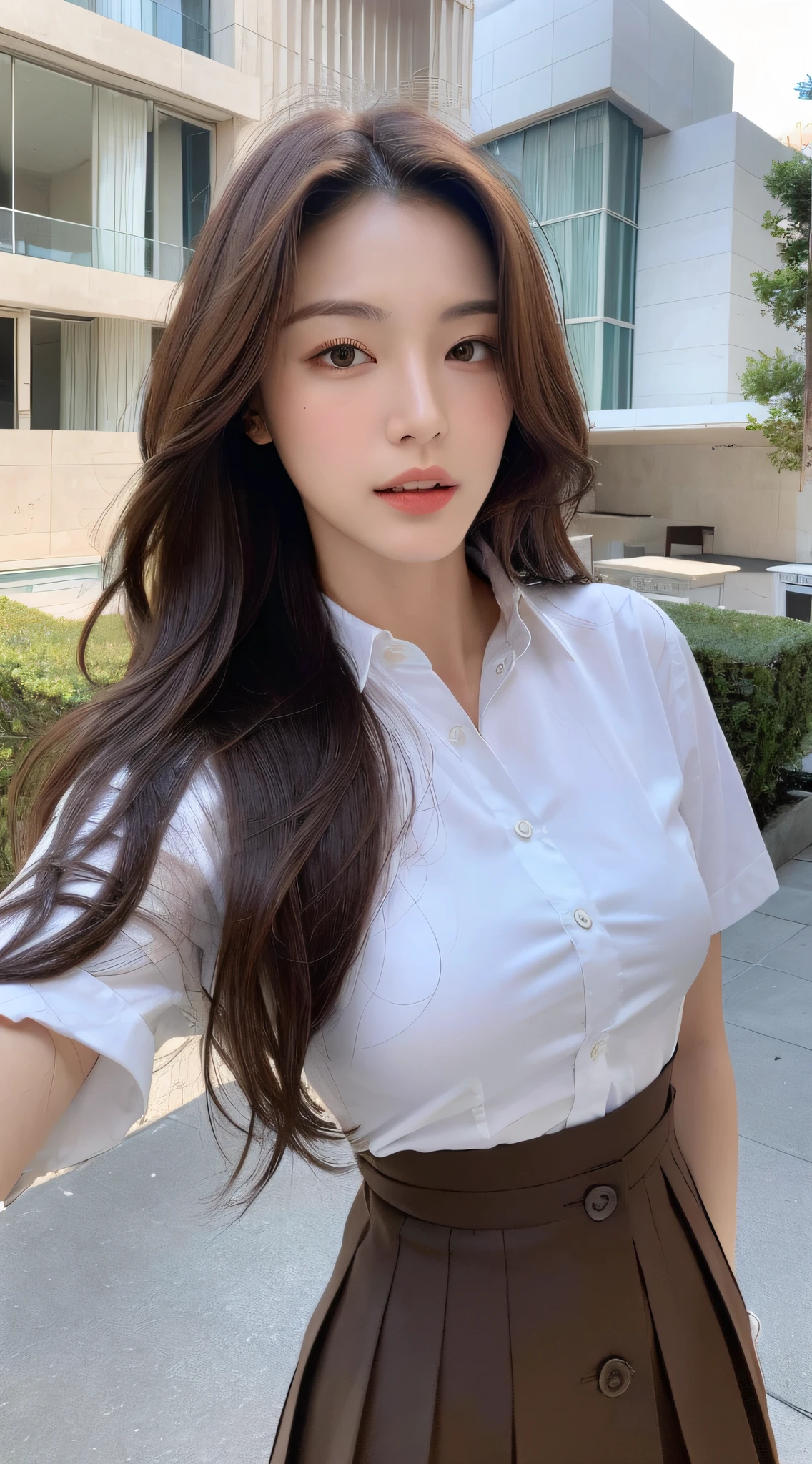 (Best quality, High resolution, Masterpiece :1.3), A tall and pretty woman, Slender abs, Dark brown hair styled in loose waves, Breasts, White button up shirt, Black pleated skirt, (Modern architecture in background), Details exquisitely rendered in the face and skin texture, Detailed eyes, Double eyelid