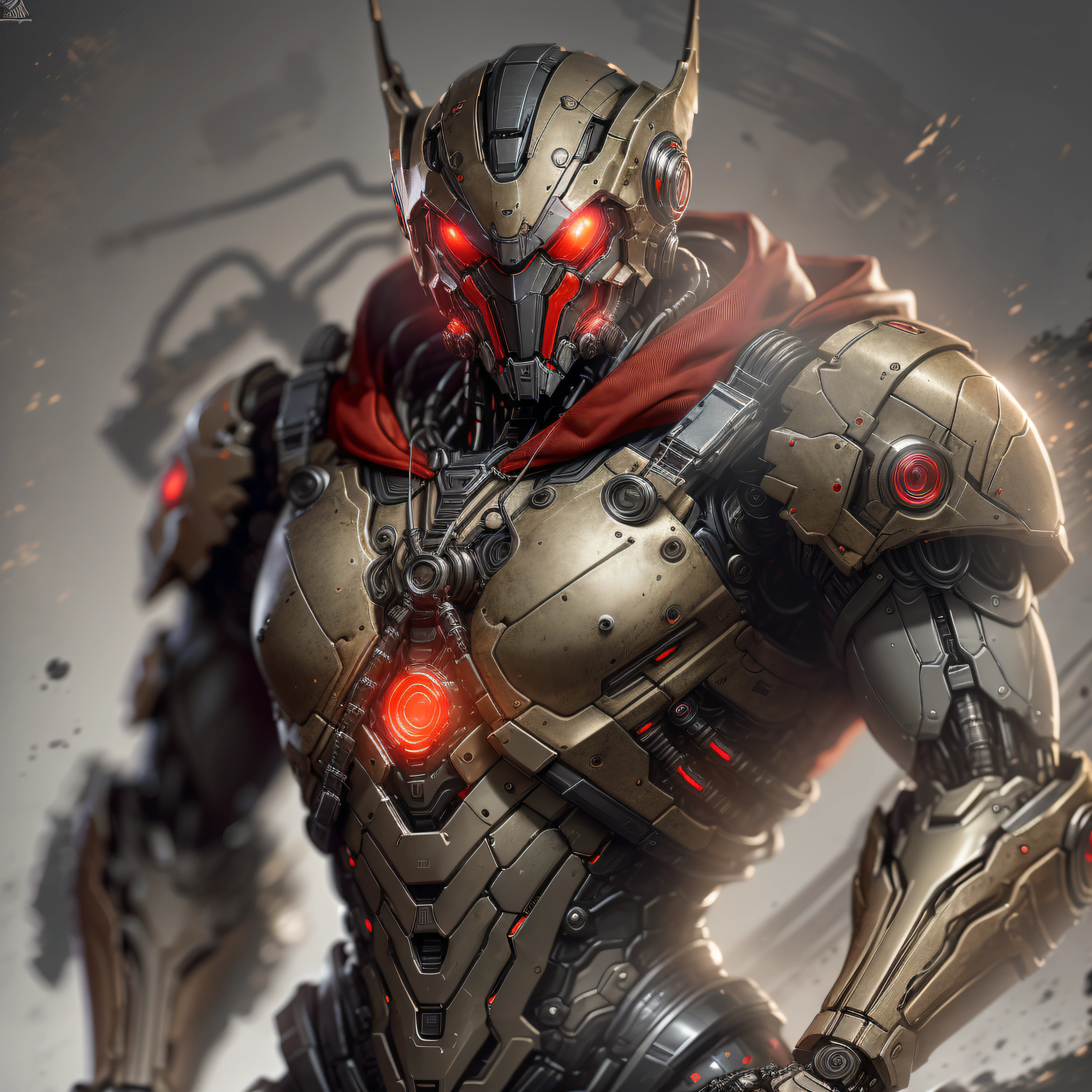"Hyperrealistic rendering of The Red hood, red Helmet, Red upper torso, black armor showcasing his black biomechanical suit with intricate robotic details. The composition should emphasize his full figure, with clean and precise lines. The overall visual style should incorporate a cyberpunk aesthetic, reminiscent of a masterpiece featured on Zbrush Central."