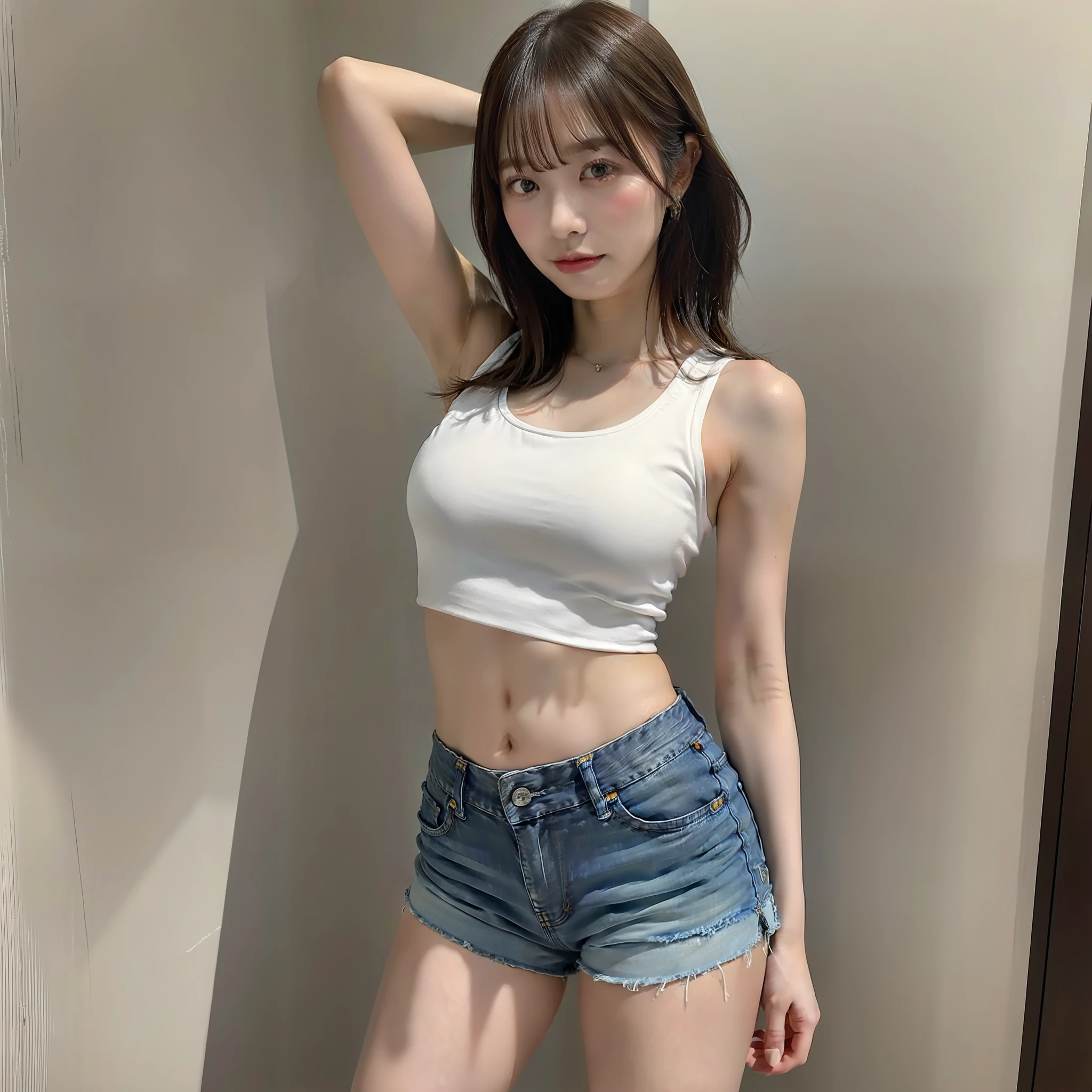Arafe woman in denim shorts with white tank top posing for photo, slim girl model photo, physical: Tinyest mid-life ever, female model, Japan female fashion model, Sakura Miyawaki, LE SSERAFIM, standing figure, (8k, RAW photo, top quality, masterpiece: 1.2), (realistic, photorealistic: 1.37), ultra detail, Ultra high resolution,