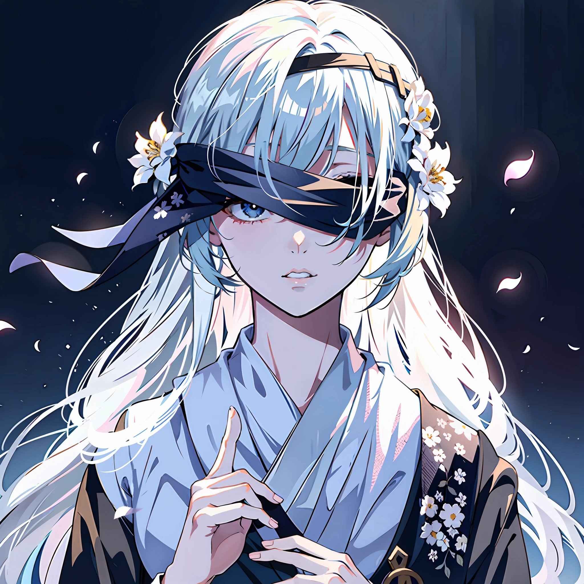 4K,best qualtiy,tmasterpiece,(Hazy:1.4)Stunning character art,Hazy beauty,A woman wears a black cloth belt to cover her eyes,Gray hair,Anime girl with flowers in her hair, Gray background,Whiten face,frostbite,Silk robes,Very beautiful girl,The blind freedom of a few,style of anime4 K, Anime wallpaper 4K, White-haired god, anime styled 3d