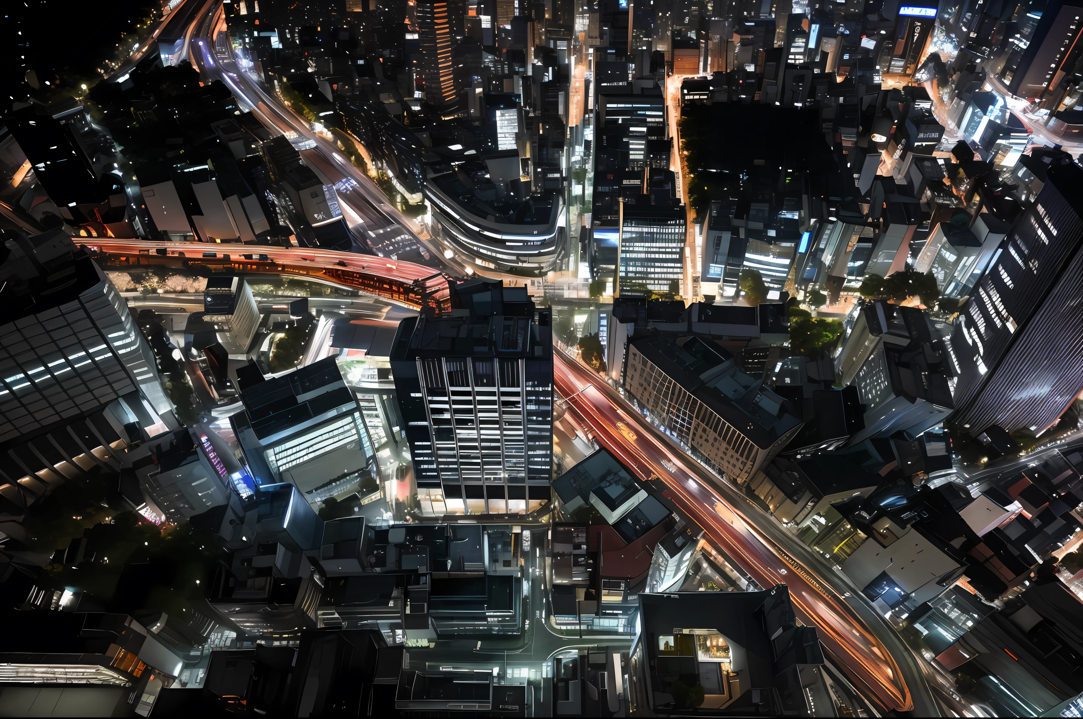 arafed view of a city at night with a train on the tracks, megacity streets seen from above, japanese city at night, busy cityscape, tokyo at night, tokyo street cityscape, japanese downtown, night tokyo metropoly, in tokyo at night, tokyo city, tokio, modern tokyo, tokyo city in the background, japanese city, best quality,masterpiece,Flat color, Plants are faithful, Faithful to the photograph, Do not shift the position, Position accurately, The white lines on the road are accurate, Accurately represent the pattern on the wall, Detailedly depict the depth, 
Subtly represent bright colors, Brighten the dark areas, Make the power lines thin, Keep the lines as straight as possible, Astounding fidelity, Precisely depict the window frames, (Desaturated tones: 1.25), (HDR: 1.25), (ArtStation: 1.2), (Intricate details: 1.14), (Ultra-realistic 3D rendering: 1.16), (Film: 0.55)