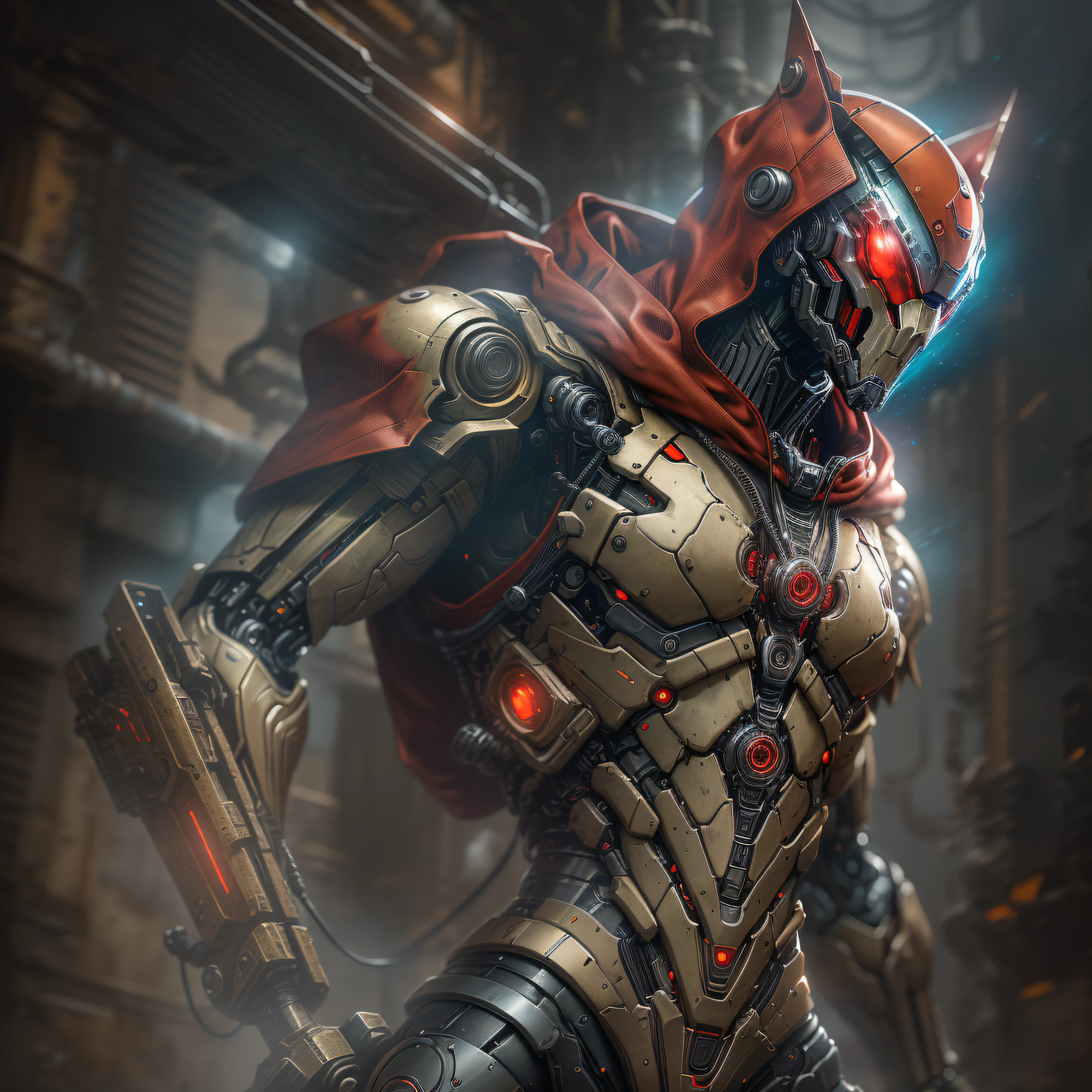 "Hyperrealistic rendering of The Red hood, red Helmet, Red upper torso, black armor showcasing his black biomechanical suit with intricate robotic details. The composition should emphasize his full figure, with clean and precise lines. The overall visual style should incorporate a cyberpunk aesthetic, reminiscent of a masterpiece featured on Zbrush Central."