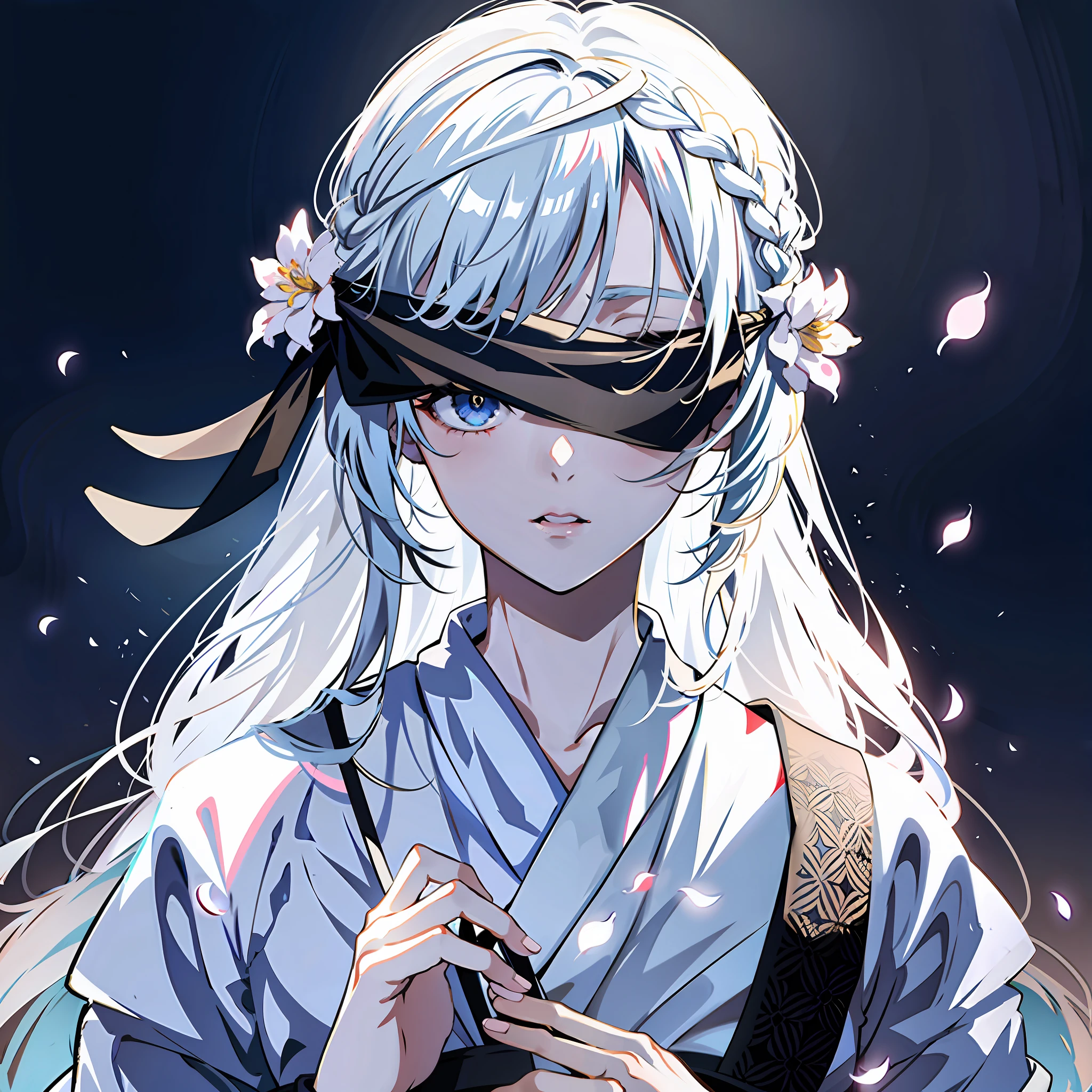 4K,best qualtiy,tmasterpiece,(Hazy:1.4)Stunning character art,Hazy beauty,A woman wears a black cloth belt to cover her eyes,Cover your eyes,Gray hair,Anime girl with flowers in her hair, Gray background,Whiten face,frostbite,Silk robes,Very beautiful girl,The blind freedom of a few,style of anime4 K, Anime wallpapers 4K, White-haired god, anime styled 3d