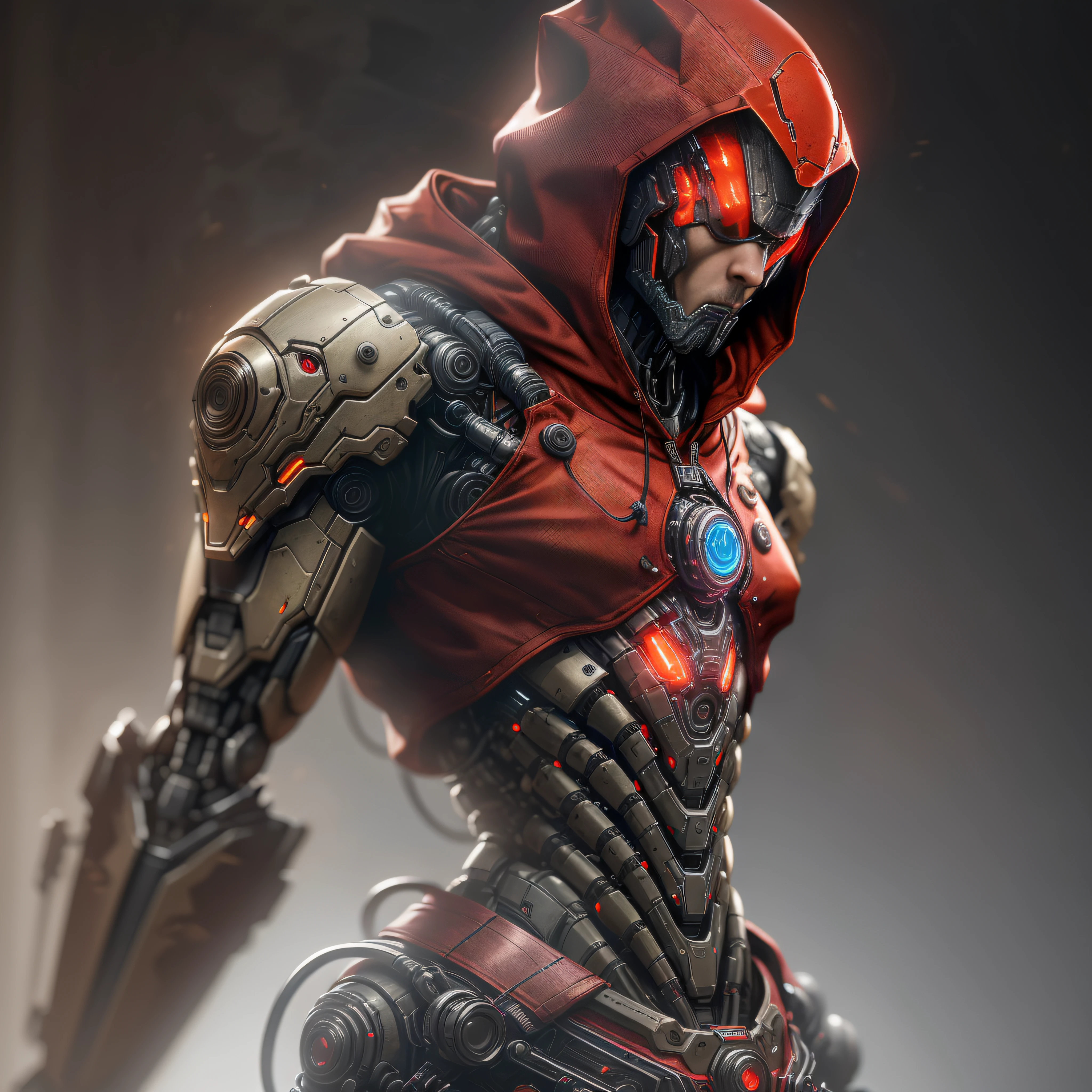 "Hyperrealistic rendering of The Red hood, red Helmet, Red upper torso, black armor showcasing his black biomechanical suit with intricate robotic details. The composition should emphasize his full figure, with clean and precise lines. The overall visual style should incorporate a cyberpunk aesthetic, reminiscent of a masterpiece featured on Zbrush Central."