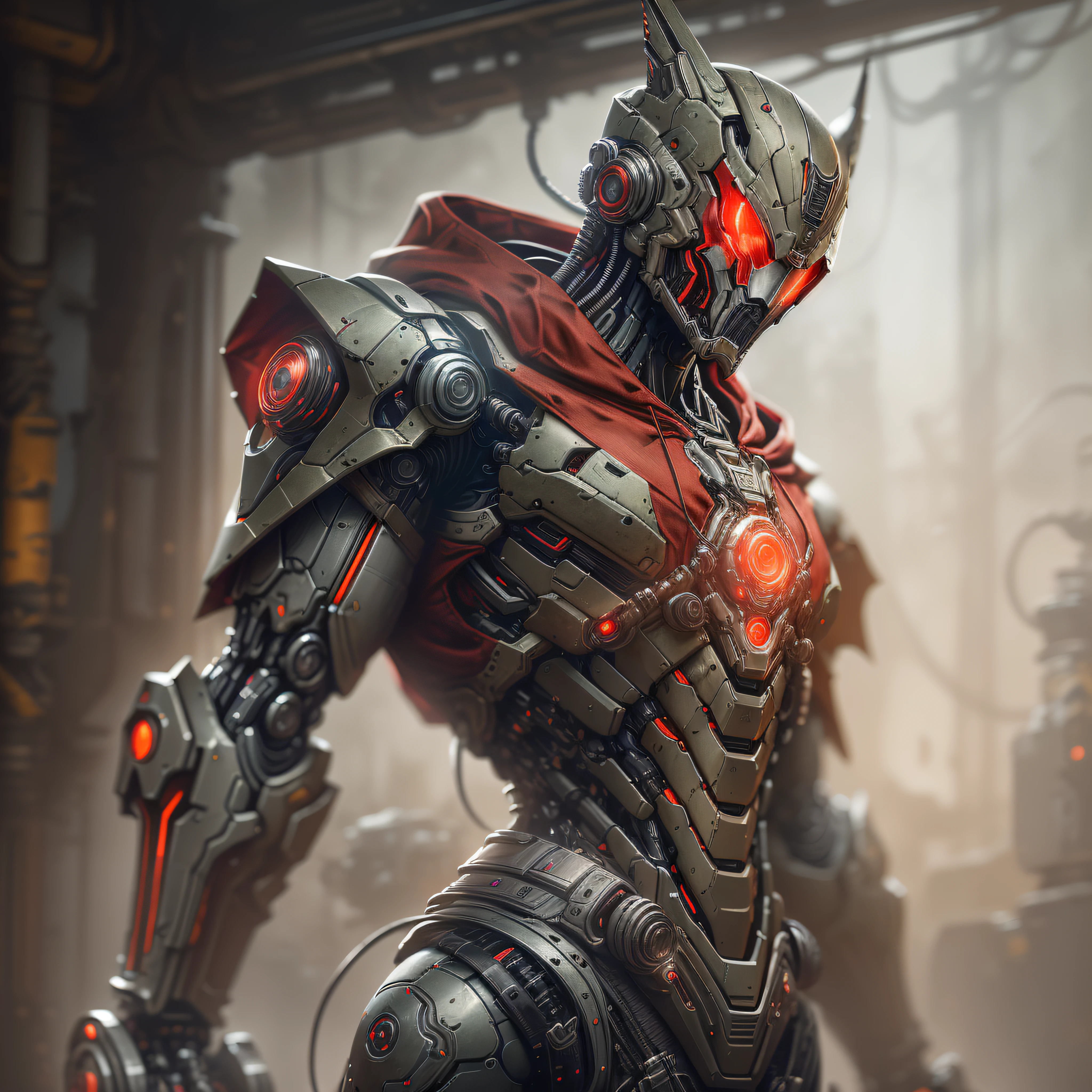 "Hyperrealistic rendering of The Red hood, red Helmet, Red upper torso, black armor showcasing his black biomechanical suit with intricate robotic details. The composition should emphasize his full figure, with clean and precise lines. The overall visual style should incorporate a cyberpunk aesthetic, reminiscent of a masterpiece featured on Zbrush Central."