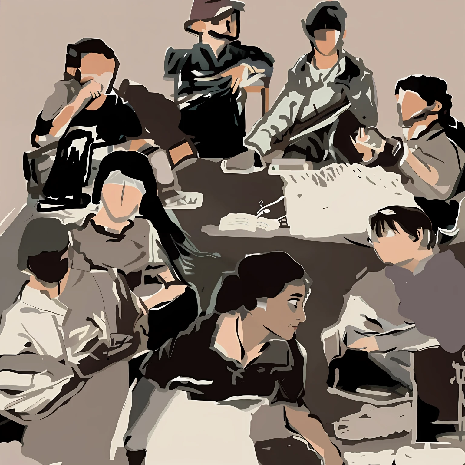 There are a lot of people sitting around a table with guitars, group of people, group of people, sumi ink style, Line sketch, impressionist drawing, a sketch, sketch illustratio, Classe escolar, Digital drawing, small crowd of people, digital sketch, people sitting at tables, sketching, on grey paper sketch ink style, sketch black and white colors, people on a picnic