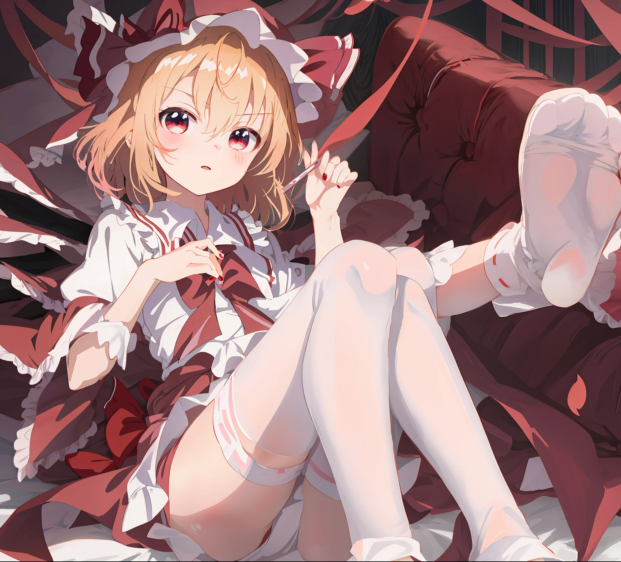 Anime girl sitting on bed,There was a red blanket, Splash art anime , anime visual of a cute girl, from touhou, magical girl anime mahou shojo, touhou project, Touhou, small curvaceous loliime girl in a maid costume, touhou character, touhou project official artwork, An anime cover, Anime moe art style