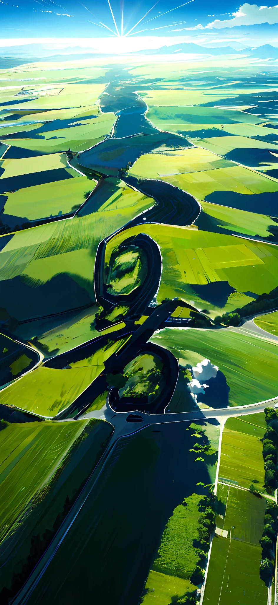 (Beautiful skyline,Magnificent sky),(Intense and dramatic imagery,the moving visual effects),(the high-hanging Polaris,Colorful natural light),(1girl),[:0.8],(Large grasslands),(Oncoming breeze)，The vast sky，Large grasslands，the moving visual effects，Colorful natural light，Farmers plow the fields。