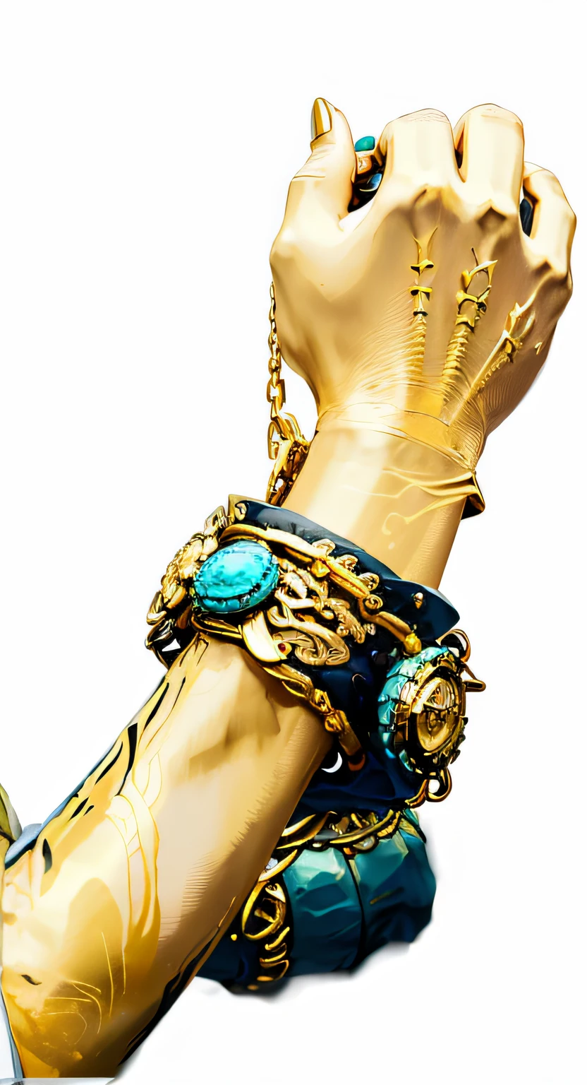 There is a statue of a hand,There is a ring on the wrist, closeup of arms, photo of a hand jewellery model, golden turquoise steampunk, detailed arms, turquoise gold details, Gold, black and aqua, scaled arm, black in color、Blue and gold jewelry, Broken gold shackles, full body!! maximalist details, war theme gauntlet, Holding a gold watch