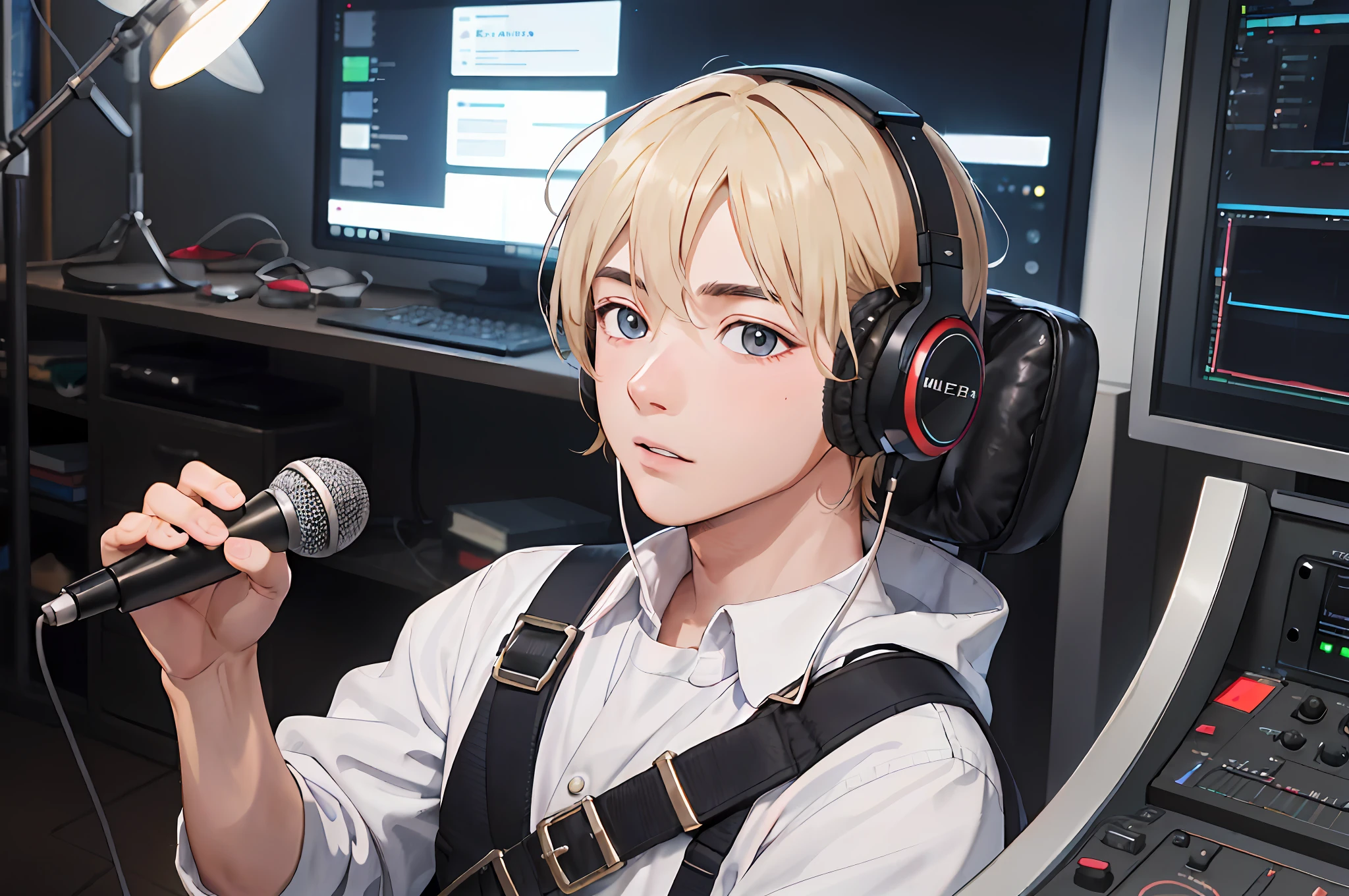 Black-haired boy wearing headphones and microphone in front of computer, Best anime 4k konachan wallpaper, ig studios anime style, style of anime4 K, anime moe art style, High Quality Anime Art Style, Boy front style, A scene from the, Smooth anime CG art, Anime style. 8K, Detailed digital anime art, with headphone