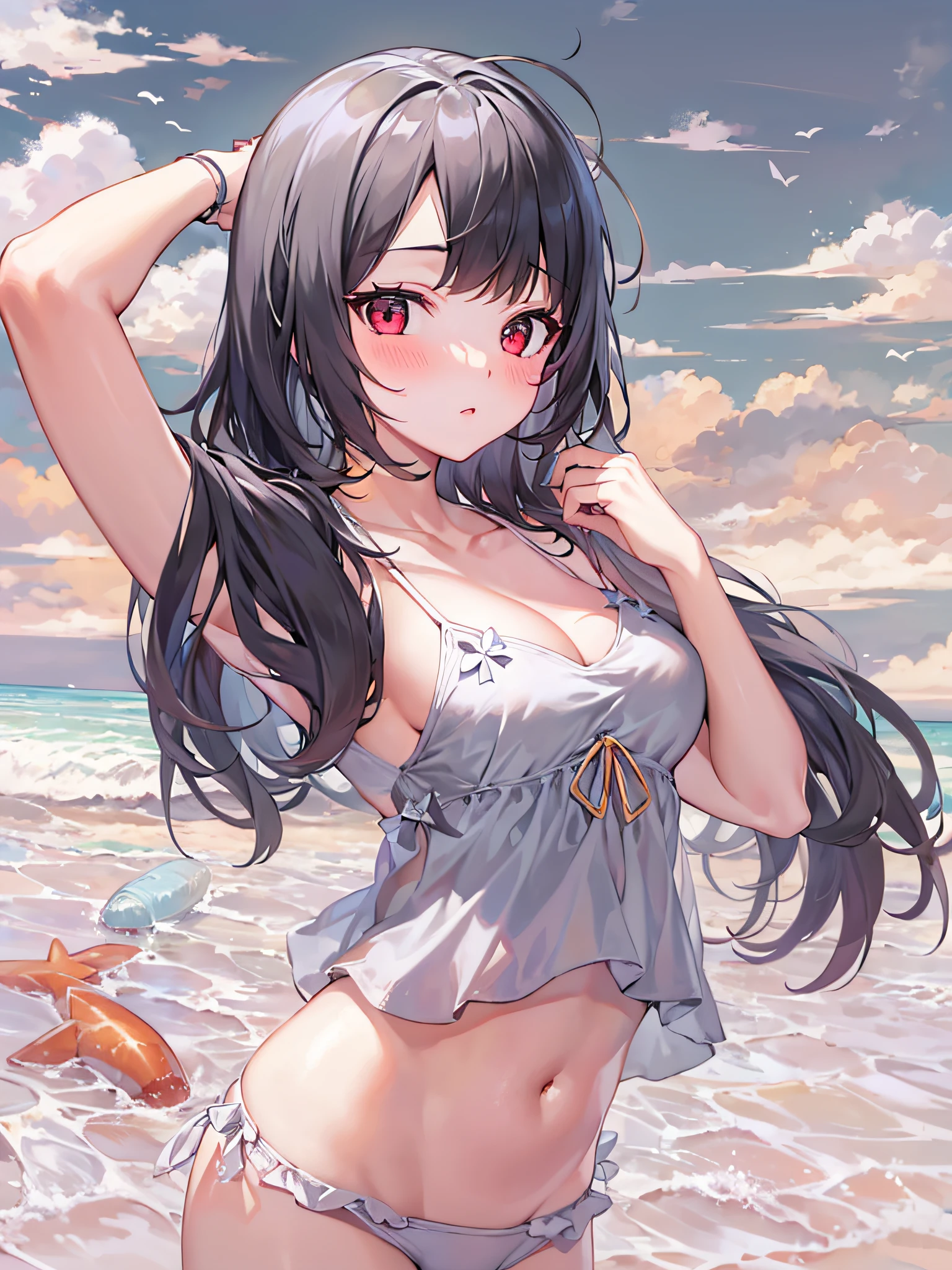 1girl in,black Medium Hair,Tying hair,navy red eyes,Beach,Swimsuit,Cute,blush,medium breasts⁩,cumulonimbus clouds,Best Quality++,Highest Quality++