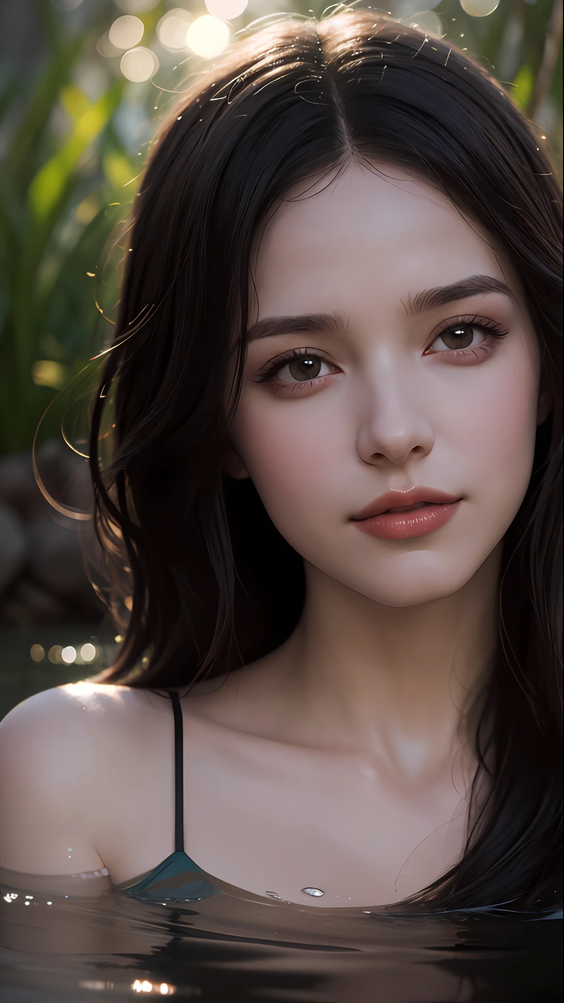 close up portrait of a cute woman (gldot) bathing in a river, reeds, (backlighting), realistic, masterpiece, highest quality, lens flare, shade, bloom, [[chromatic aberration]], by Jeremy Lipking, by Antonio J. Manzanedo, digital painting,