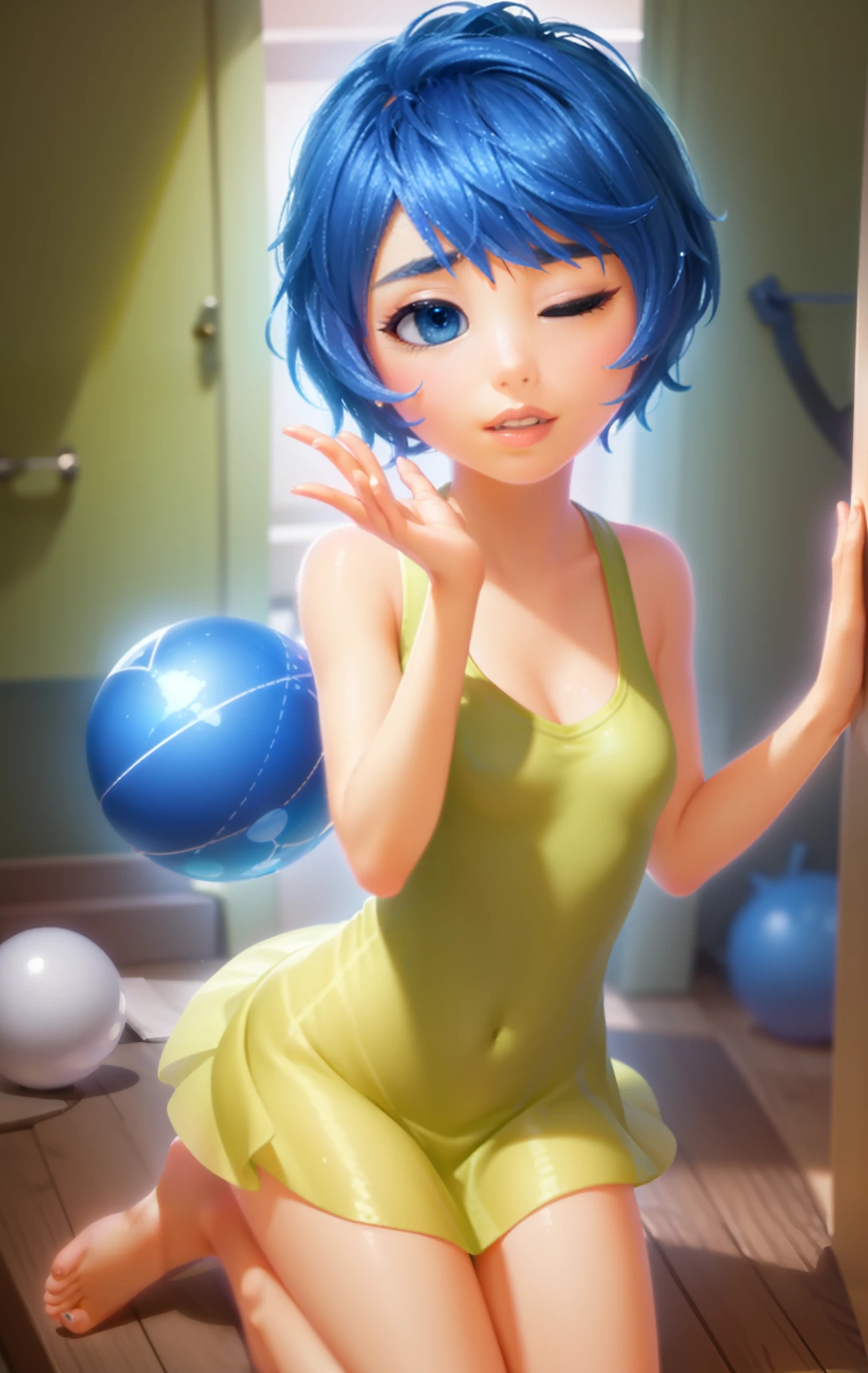 Masterpiece, Best Quality, (joying_Inside out, yellow skin, ),  Happy, wet transparent mini green dress,  Pixar, cartoony, 3D Rendering, small breasts, bare footed, Sunlight, (parted lips:1.4), (nose blush:1.2), breasts visible, Showing breasts, (cinematic lighting), ((detailed background of a glowing ball pit)), ((high-angle view)), (((three-quarter view))), (half body shadow), [backlighting], [crepuscular ray], [detailed ambient light], [gray natural lighting], [ambient light on the belly], (higher wildlife feral detail), [explict content], [sharp focus], (questionable content), (shaded), ((masterpiece), Commission for High Res, masterpiece, best quality, detailed image, bright colors, detailed face, perfect lighting, perfect shadows, perfect eyes, girl focus, flawless face, gorgeous body, shiny body, center focus, gaze at the viewer, half-closed eyes, 1girl, solo, (masterpiece:1.21), (best quality:1.2), (illustration:1.2), (cinematic lighting:1.3), balanced coloring, global illumination, ray tracing, good lighting, cleavage, attractive body, sexy body, looking at viewer, seductive look, SFW, close up, portrait, looking at viewer