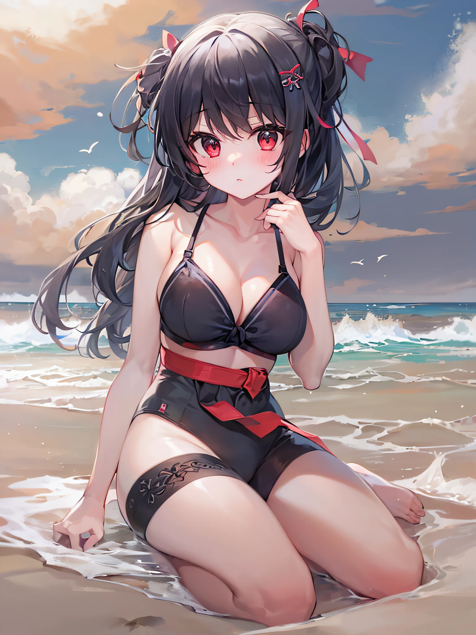 1girl in,black Medium Hair,Tying hair,navy red eyes,Beach,Swimsuit,Cute,blush,medium breasts⁩,cumulonimbus clouds,Best Quality++,Highest Quality++